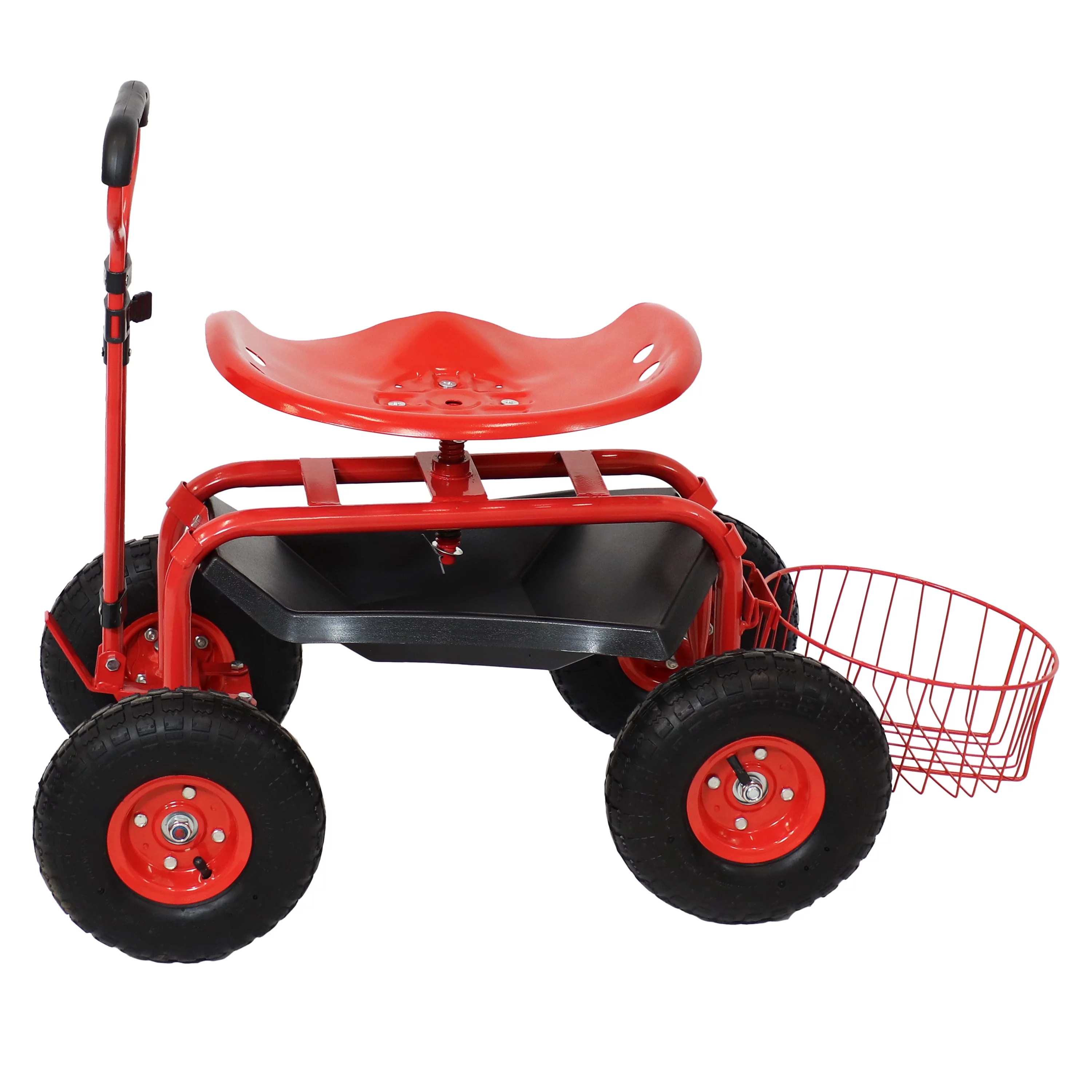 Sunnydaze Rolling Garden Cart with Steering Handle and Swivel Seat - Red