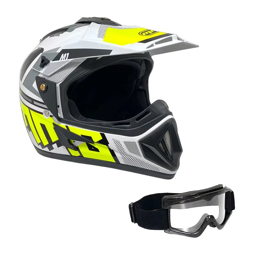 Motorcycle Off-Road Helmet MX ATV Dirt Bike Gloss White Yellow Graphics with Goggles (Small) Model 31