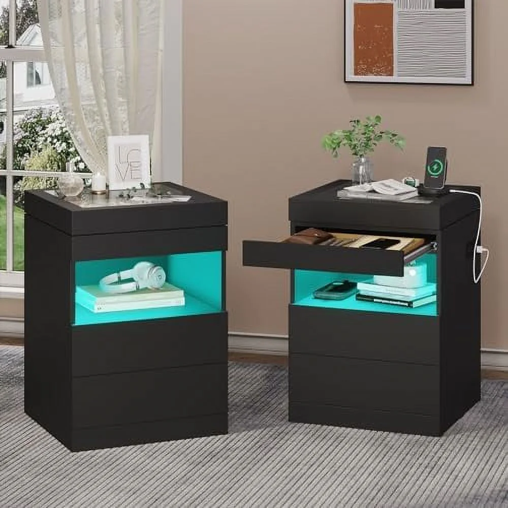 CHYTRE Nightstand with Charging Station and LED Lights Night Stand with Tempered Glass Sliding Top Drawer and Jewelry Organizer Bedside Table with Pull-Out  Modern End  (White  2PC)