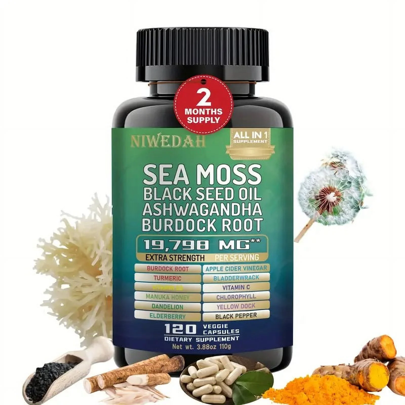 NIWEDAH Sea Moss Capsules with Black Seed Oil, Ashwagandha & Burdock Root - 120 Count, All-in-1 Superfood Supplement for Digestion & Detox, Immune Support, 19798mg Per Serving 2-Month Supply