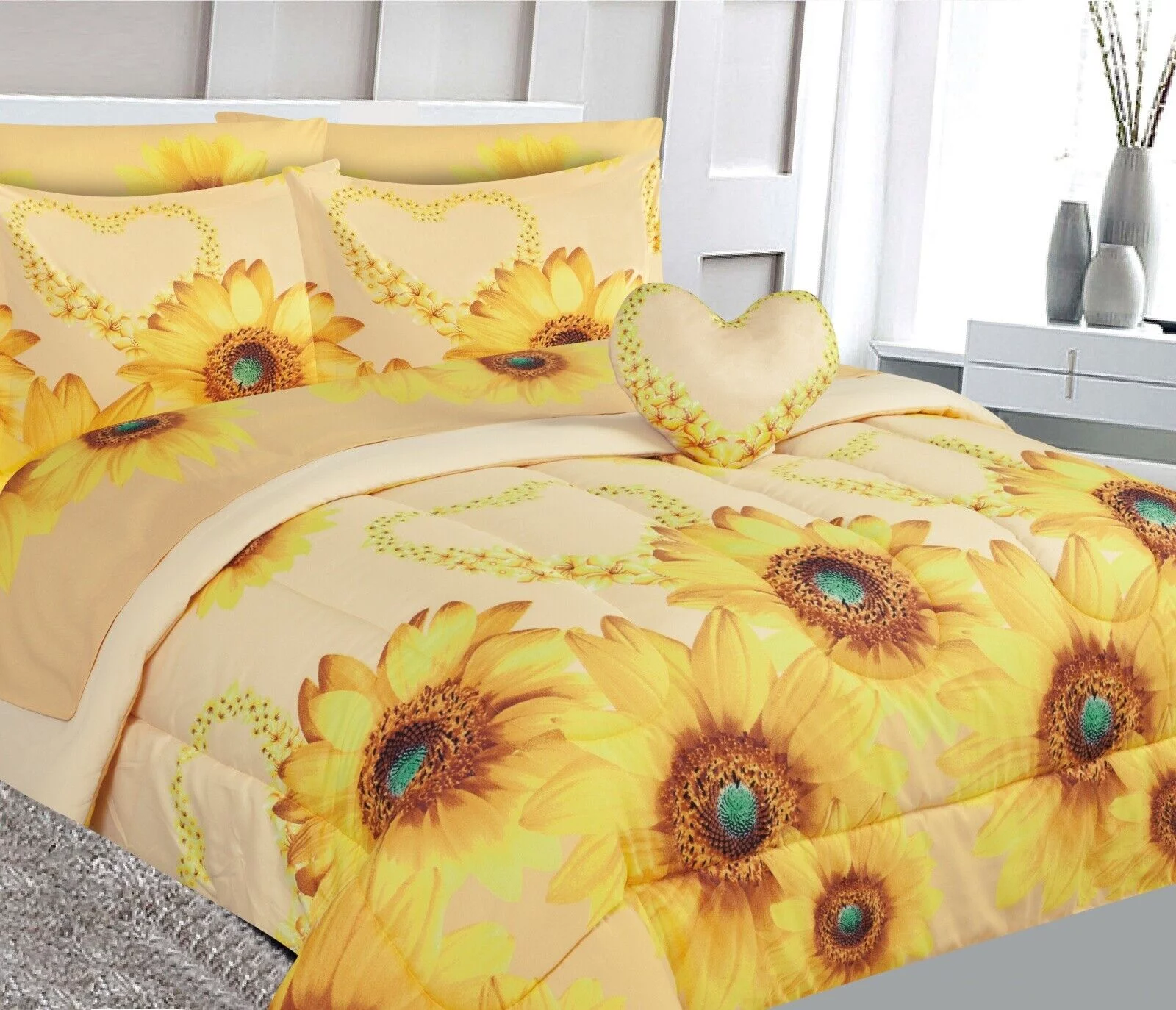 Sunflower ivory print design Bed in Bag comforter & sheet set of 6 piece in twin size super soft fade resistant for girls, boys room décor