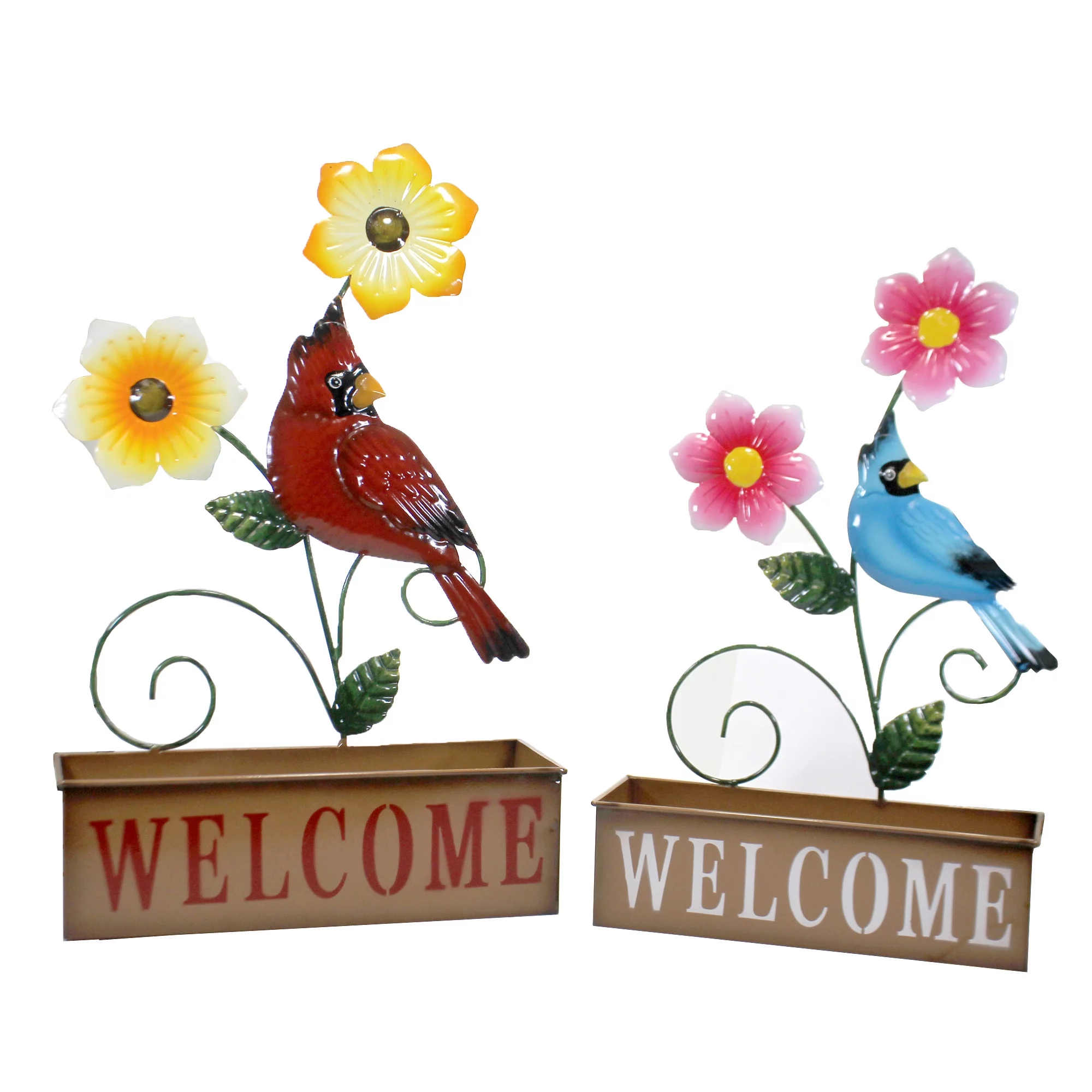 Welcome Flower Planters Set / 2 - 2 Metal Planters 23 Inch, Metal - Cardinal Blue Bird Floral 31835584 SET/2
