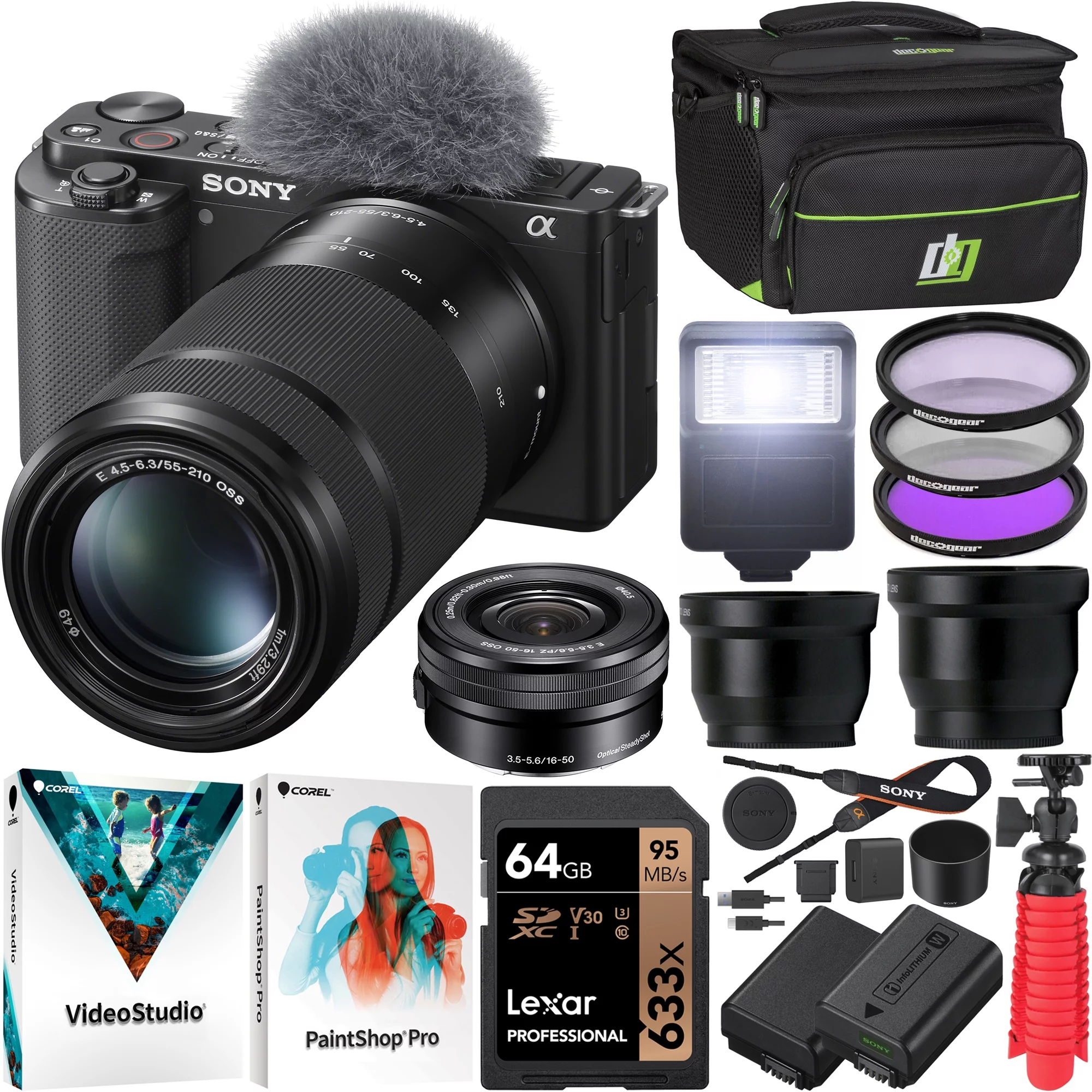 Sony ZV-E10 Mirrorless Alpha APS-C Vlog Camera 2 Lens Kit 16-50mm + 55-210mm Ilczv-E10L/B Black Bundle with Deco Gear Case + Filter Set + Wide Angle & Telephoto Lenses + Extra Battery & Accessories