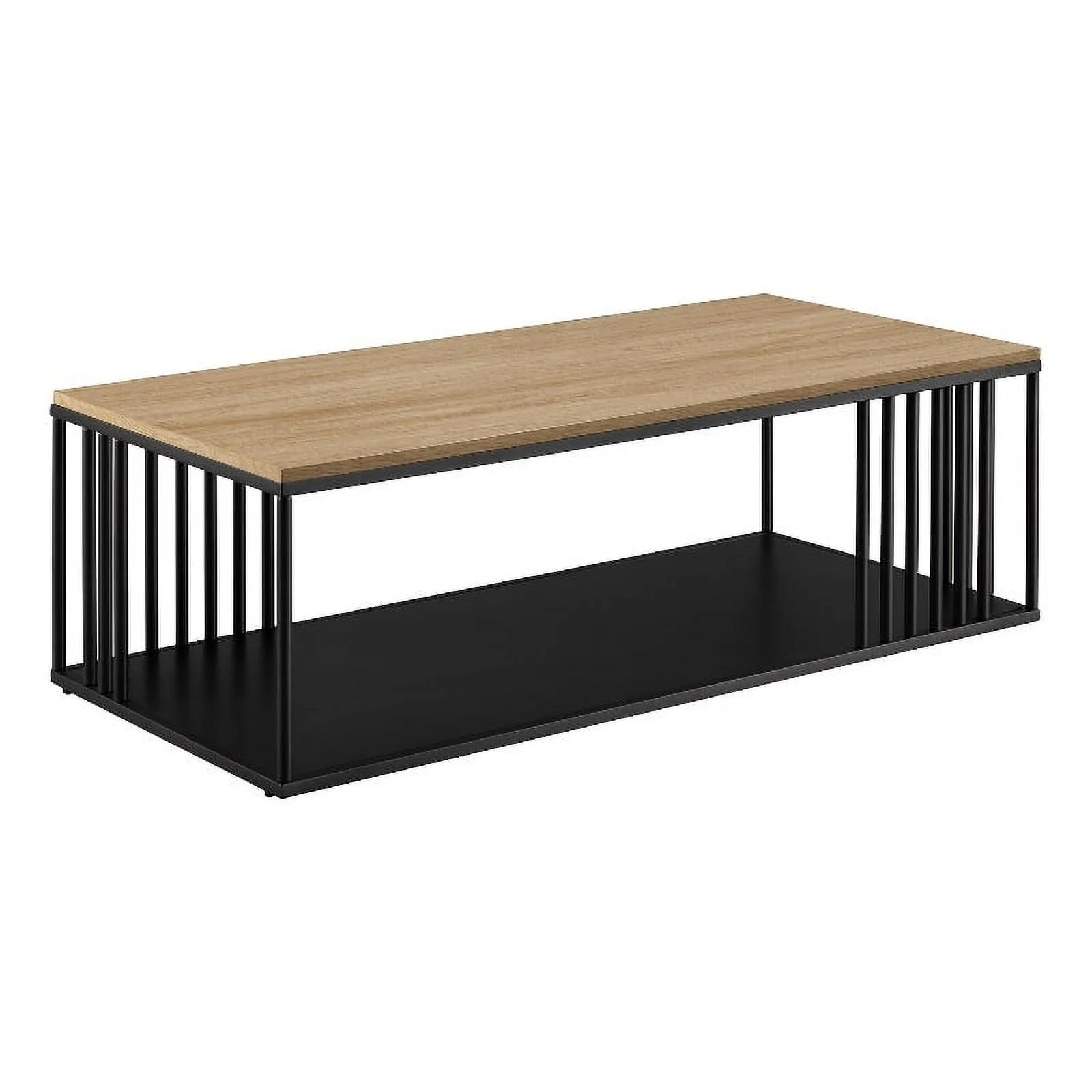 Pemberly Row Minimalist Metal Slatted Rectangle Wood Coffee Table - Oak / Black