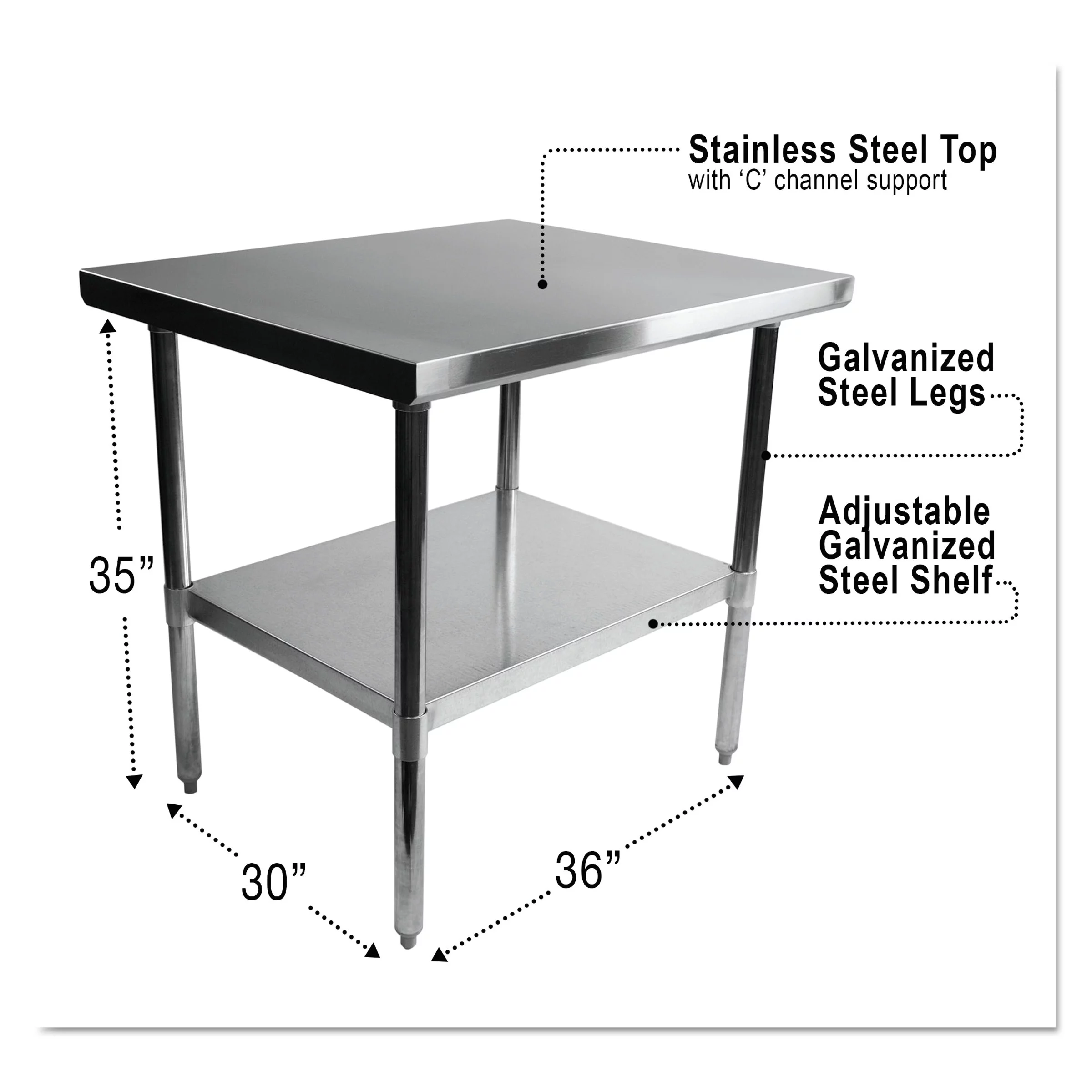 Alera NSF Stainless Steel Commercial Kitchen Prep & Work Table - Multiple Sizes Available - 36