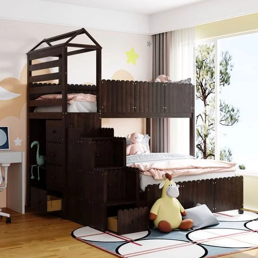 CHURANTY Wood Twin Over Full Loft Bed Stairway House Bed with Stairs and Drawers,Full-Length Guardrail Fence and Roof for Boys Girls No Box Spring Needed, Espresso