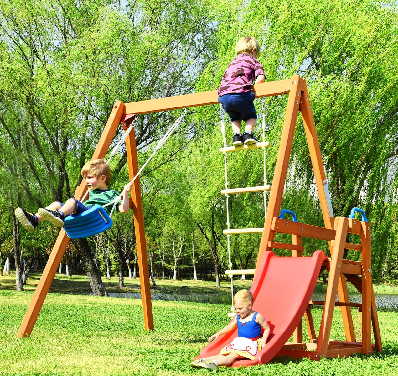 Track 7 Wooden Swing Set,4 in 1 Outdoor Swing Set with Slide,Climbing Rope,Outdoor Playset Backyard Climb Swing for Toddlers,Wooden Swing-N-Slide Set Kids