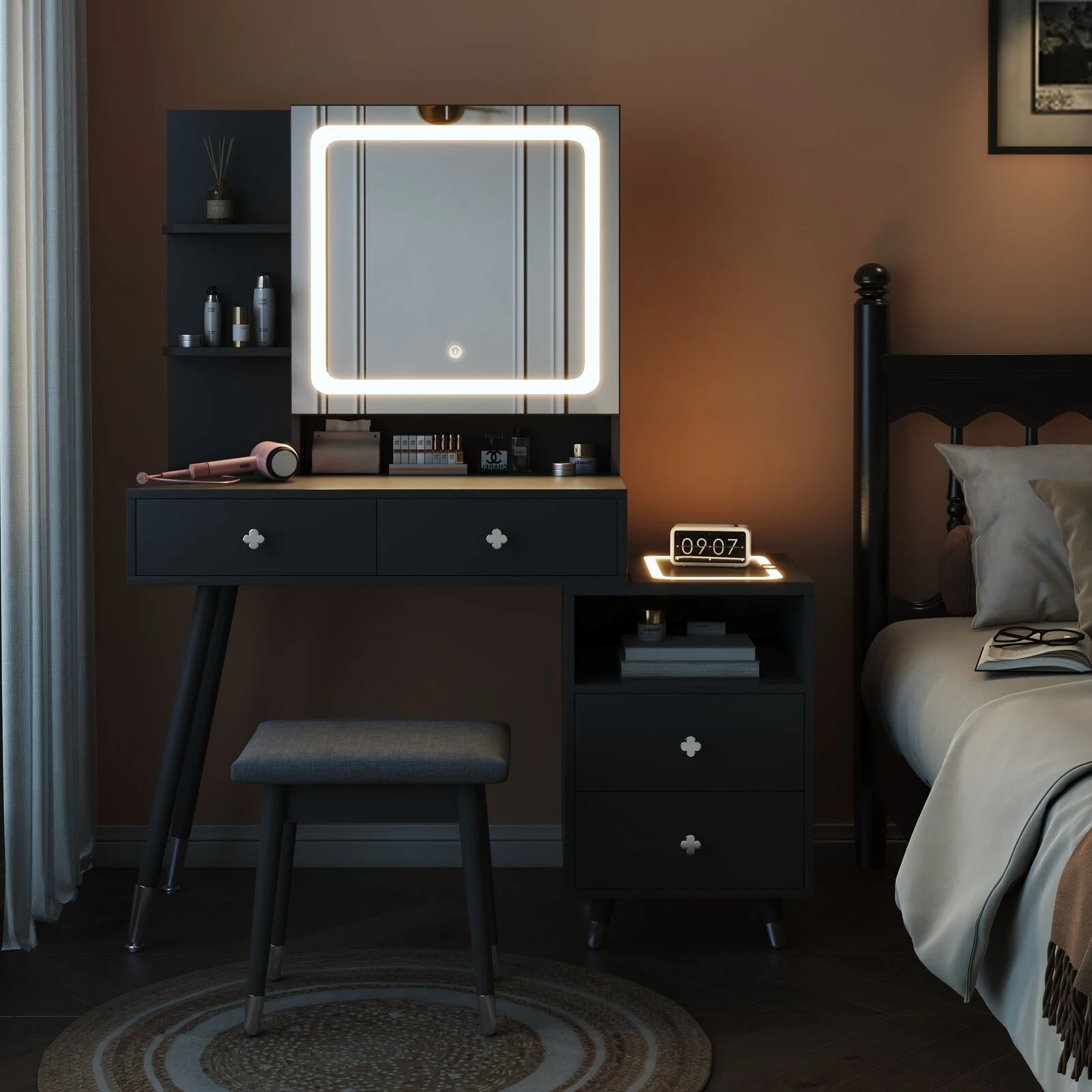 4 Drawers Vanity Set Makeup Dressing Table Set With Led Lights Mirror Nightstand