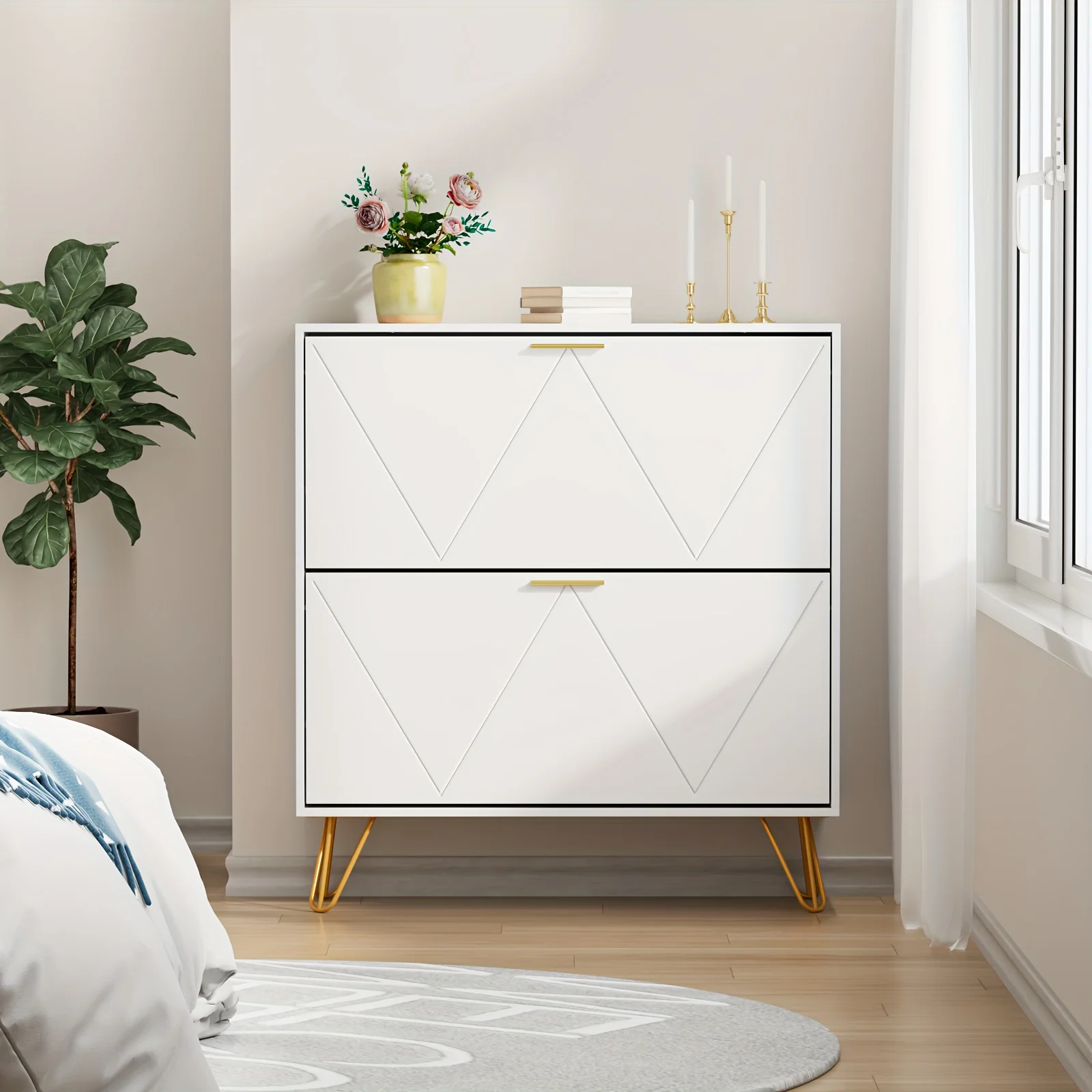 Shoe Cabinet for Entryway Slim, White Shoe Storage Cabinet with 2 Flip Drawers, Narrow Shoe Rack Cabinet, Freestanding Shoe Cabinet Organizer with Metal Handle and Legs for Entryway, Hallway