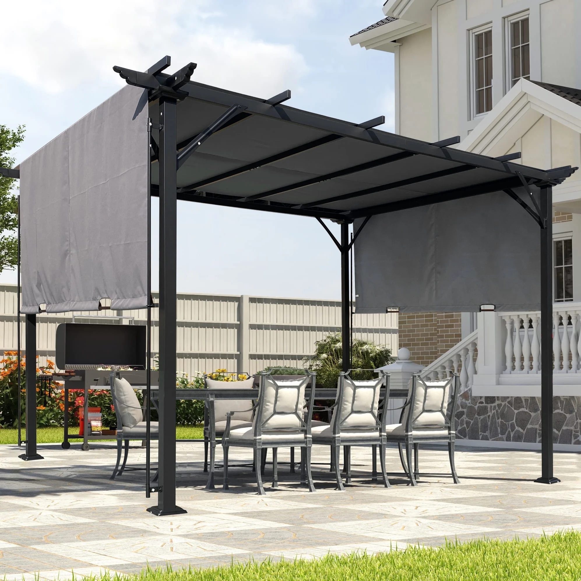 9.5 x 12 Ft Outdoor Pergola Patio Gazebo,Retractable Shade Canopy,Steel Frame Grape Gazebo,Sunshelter Pergola for Gardens,Terraces,Backyard-Grey