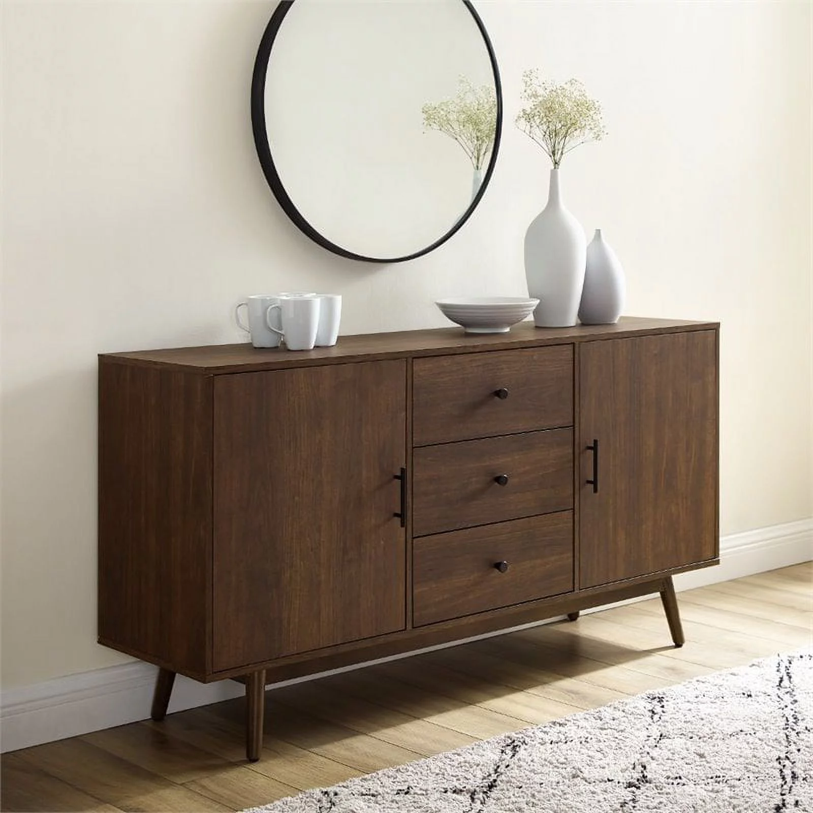 Pemberly Row 3-Drawer Mid-Century Wood Sideboard Buffet Cabinet in Brown
