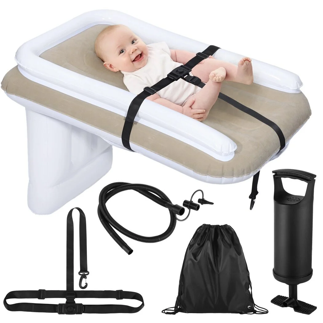 Youngster Airplane Bed, Inflatable Travel Bed for Little Ones, Comfortable Flocking Mattress, Blow Up Air Mattress with Safety Belt & Pump for Car Airplane Train Seats