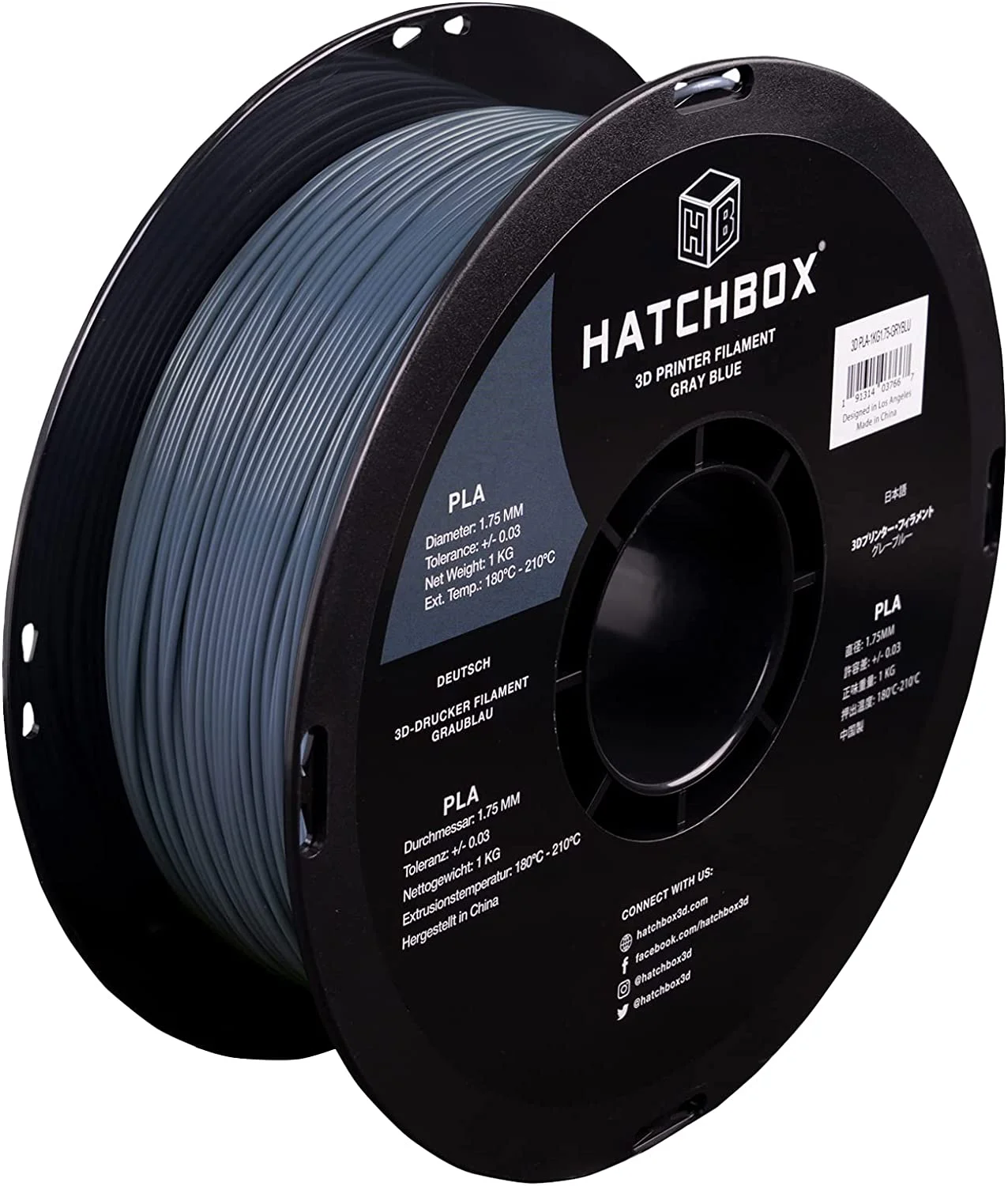 HATCHBOX 1.75mm Gray Blue PLA 3D Printer Filament, 1 KG Spool, Dimensional Accuracy +/- 0.03 mm, 3D Printing Filament