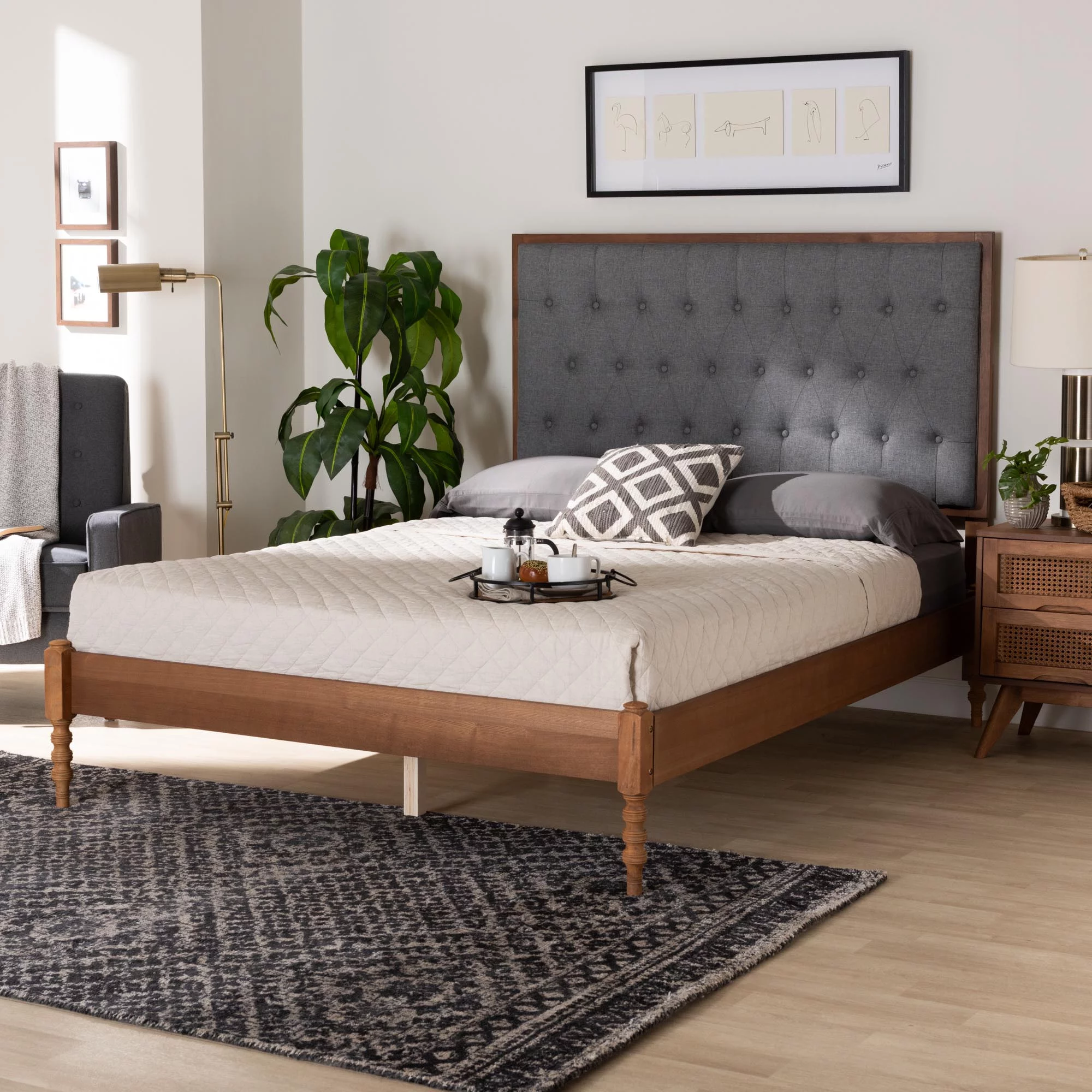 Baxton Studio Odeya Classic and Traditional Grey Fabric and Walnut Brown Finished Wood Queen Size Platform Bed