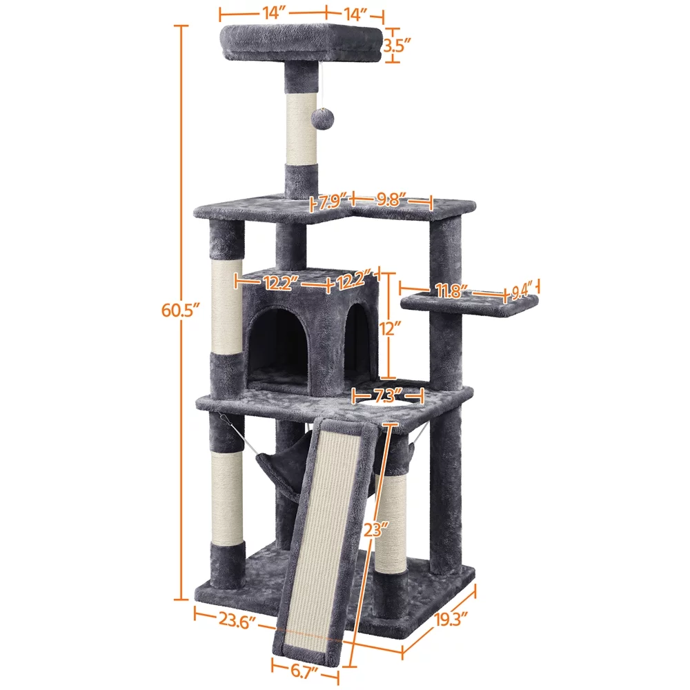 Easyfashion 60.5-inch Tall Cat Tree Cat Tower with Condo, Dark Gray