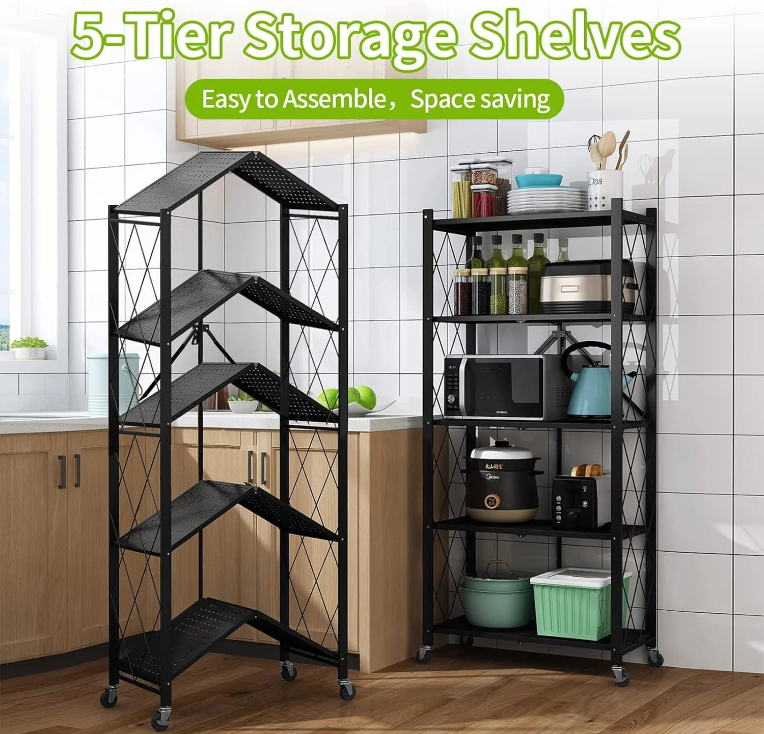 5-Tier 3 Pack Foldable Storage Shelf with Wheels, Heavy Duty Metal Shelf, Rolling Kitchen Shelving Units, Metal Garage Shelf 27.9