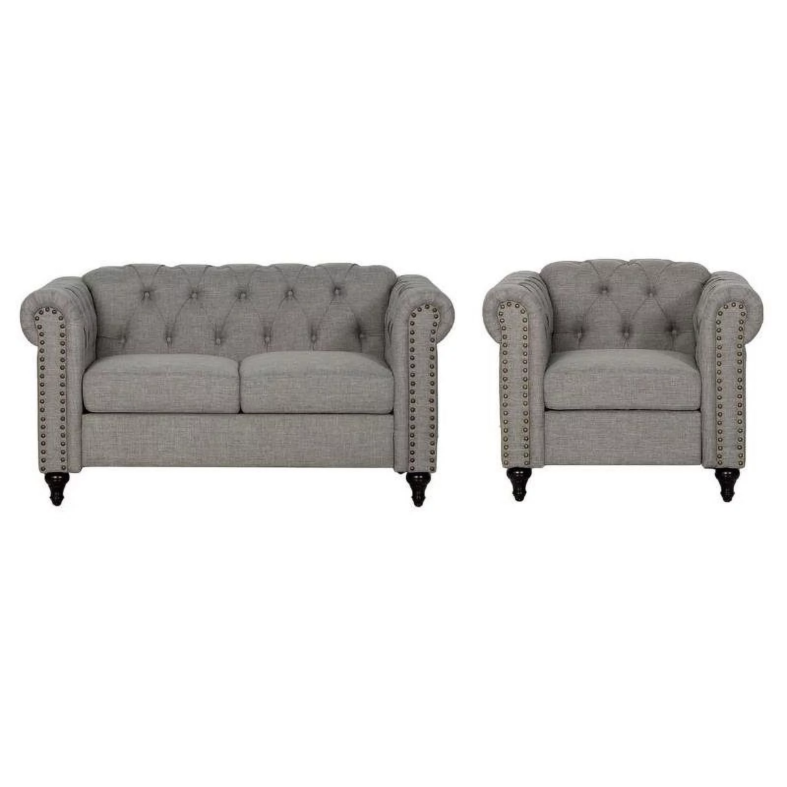 2 Piece Living Room Tufted Sofa Set with Loveseat and Armchair in Gray