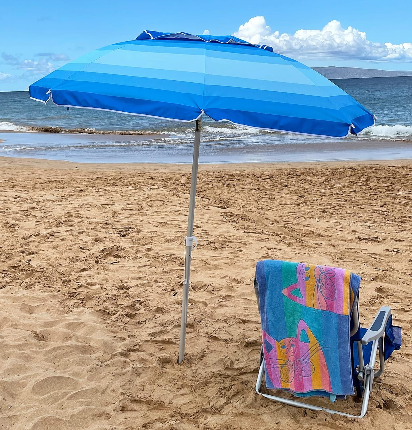 7 Ft Wide Striped Blue Beach Umbrella With Travel Bag