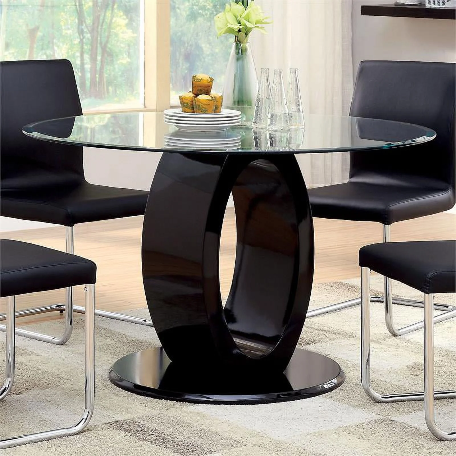 Furniture of America Moya Round Tempered Glass Top Dining Table in Black