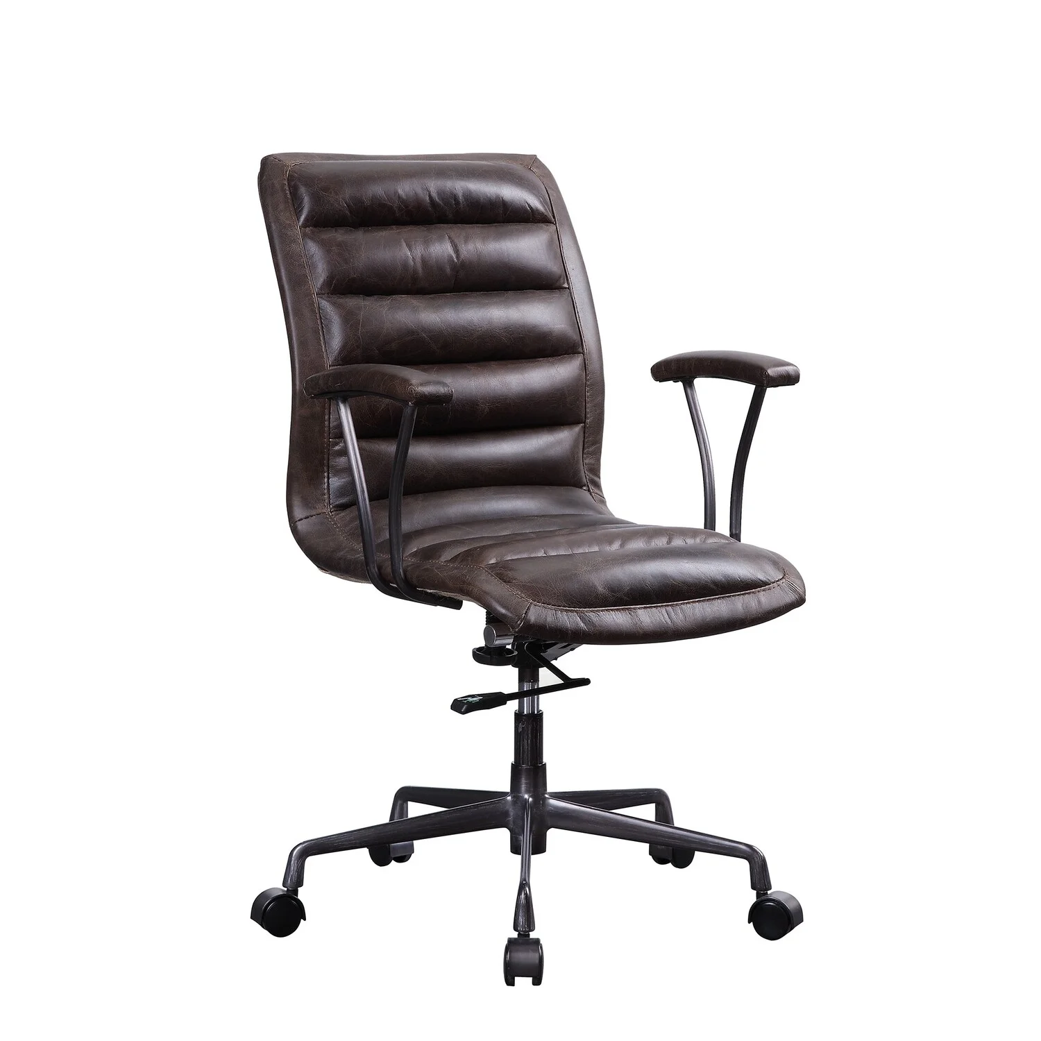 Benzara Tufted Leatherette Office Chair with Adjustable Metal Base and Padded Armrest, Brown and Gray