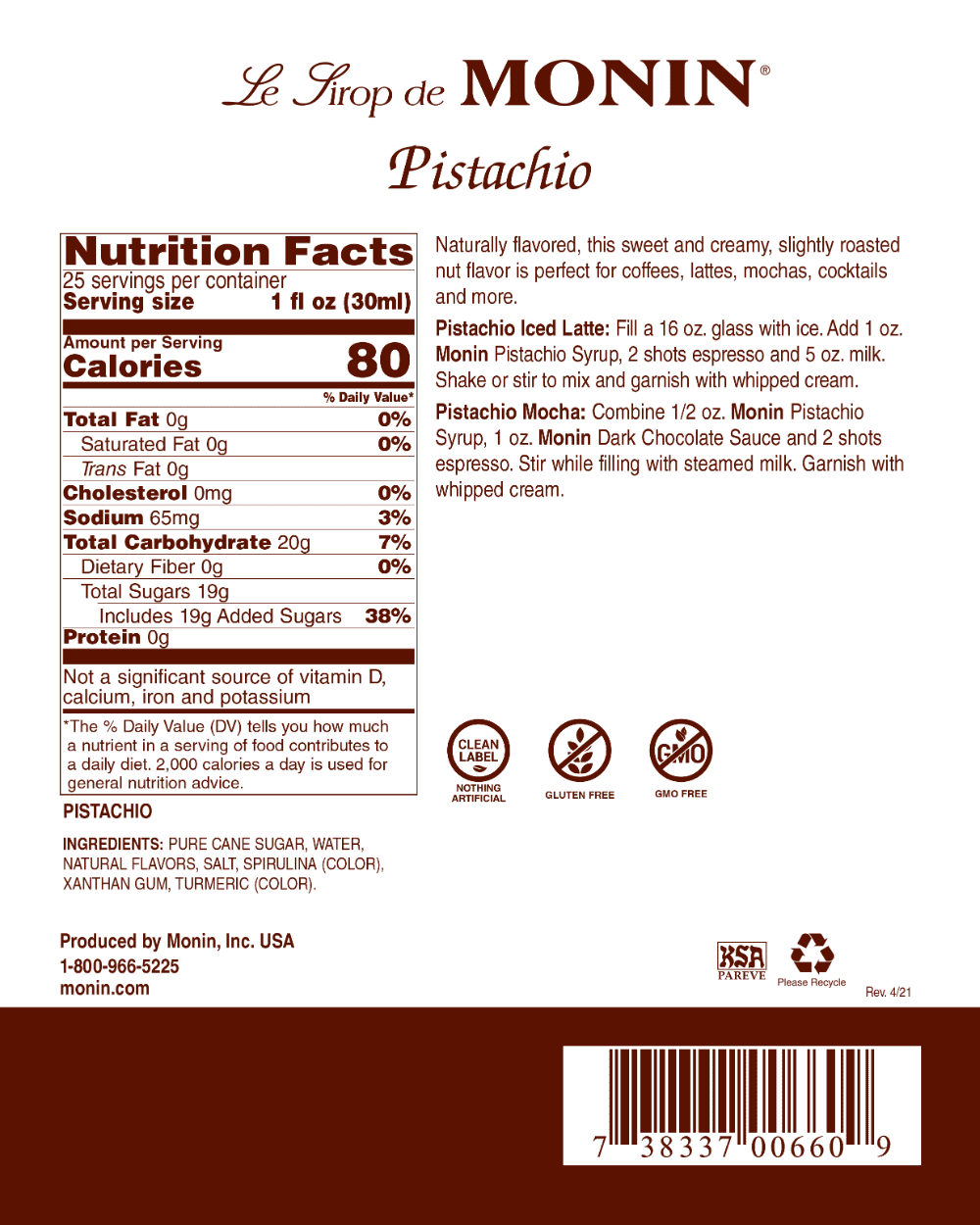 Monin 750 ml Glass Bottle Pistachio