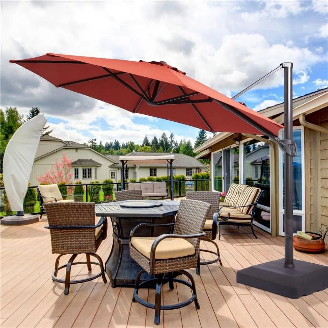 SANLUCE UN-SM-11RD 11 ft. Aluminum Cantilever Patio Offset Umbrella Outdoor with a Base in Red