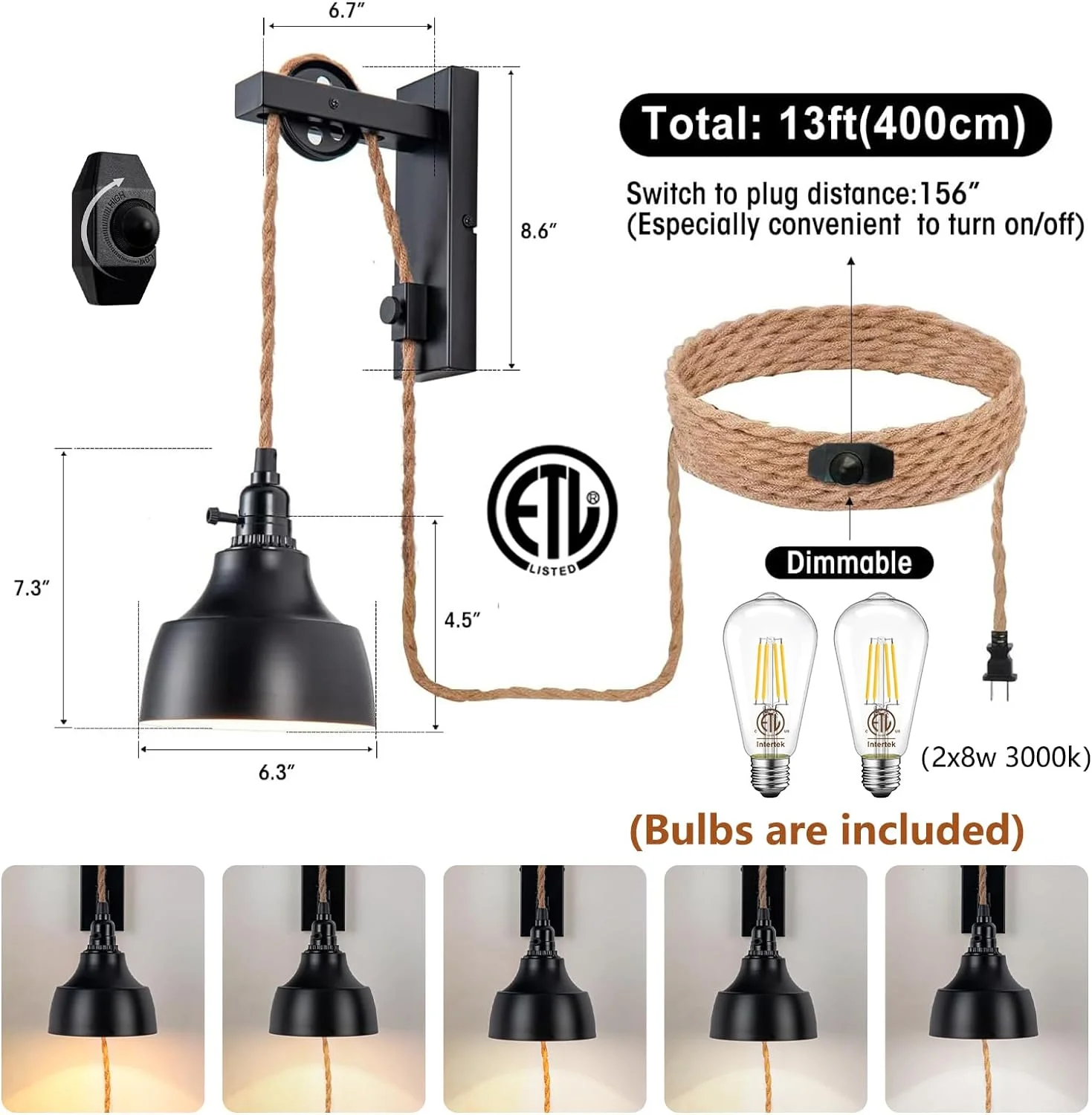 13FT Dimmable Plug in Wall Sconces Pulley Wall Lamps Vintage Hanging Light Fixture Wall Lights with Plug in Cord On/Off Switch Set of Two Black Wall Lamp for Bedroom, Living Room