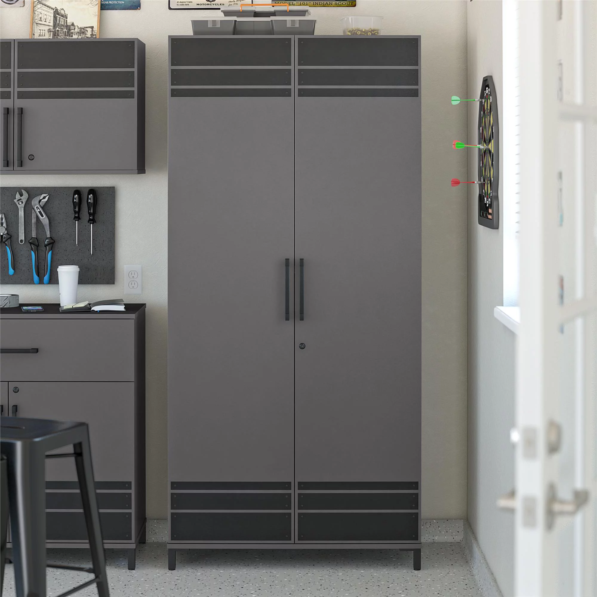 Systembuild Evolution Grit Tall Garage Cabinet 2 Door, Graphite