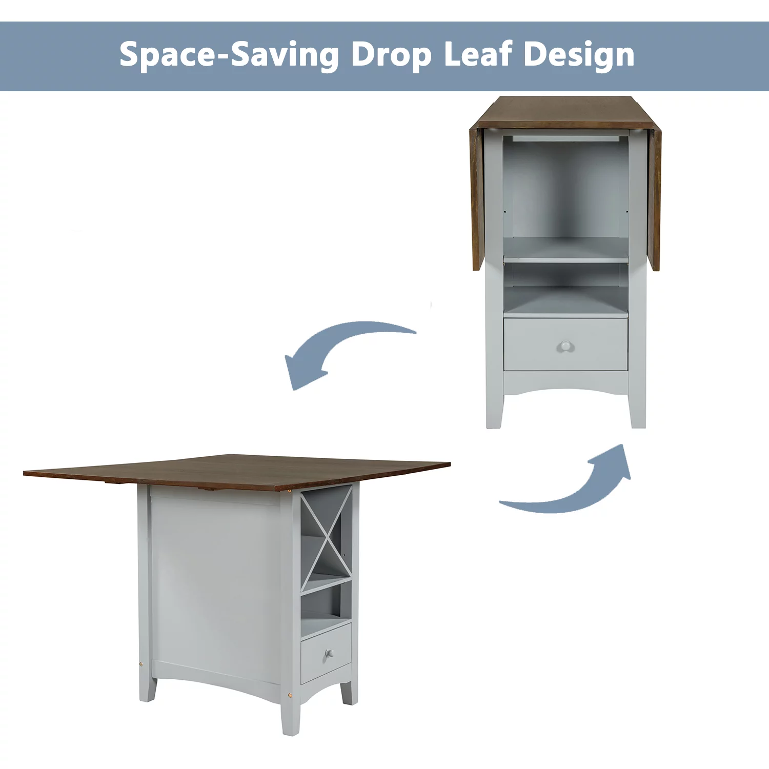 Homiyad Farmhouse Wood Counter Height 5-Piece Dining Table Set With Drop Leaf, Kitchen Set With Wine Rack And Drawers For Small Places, Cherry+Gray