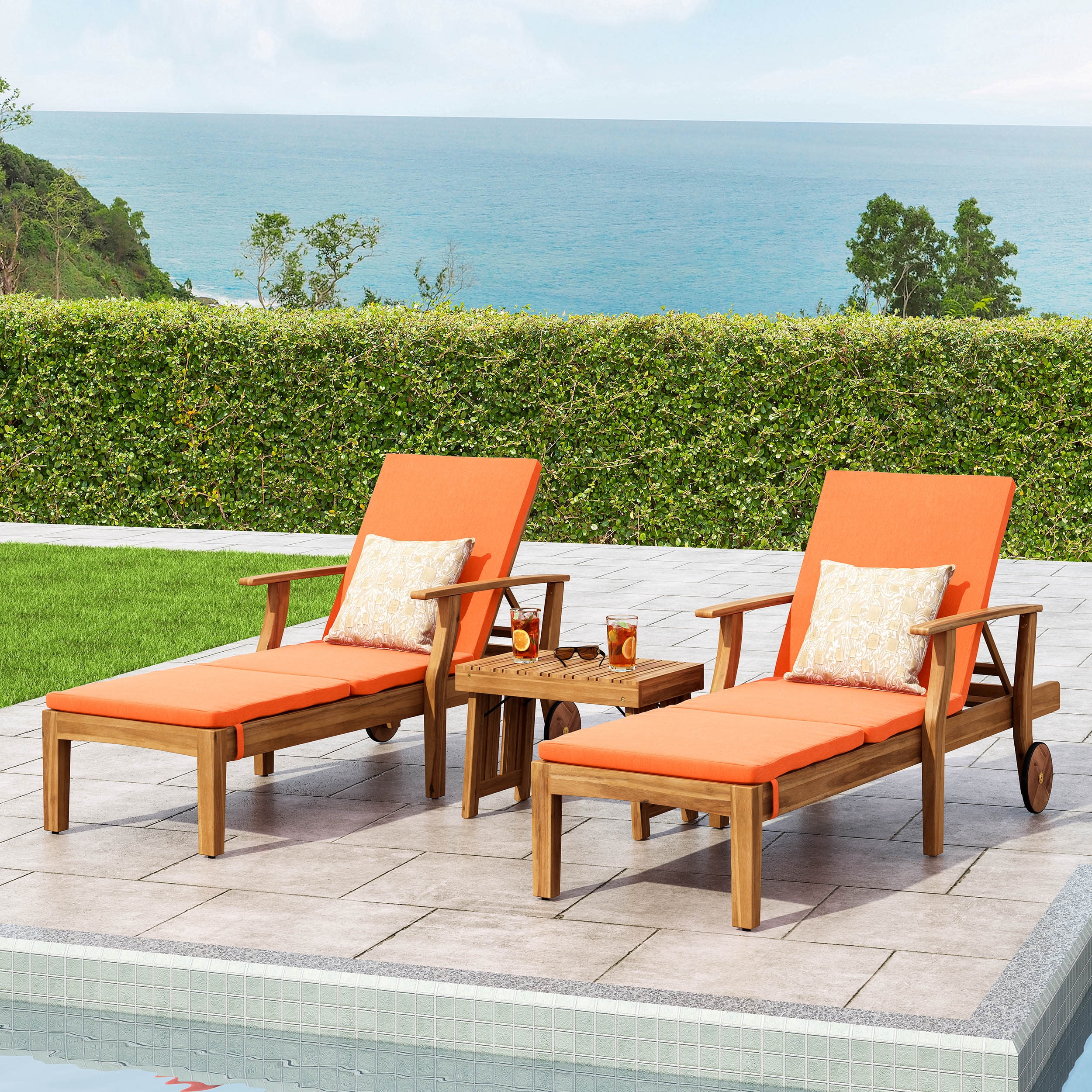 Giancarlo Outdoor Outdoor Acacia Wood 3 Piece Chaise Lounge Chat Set with Cushion, Teak/Orange