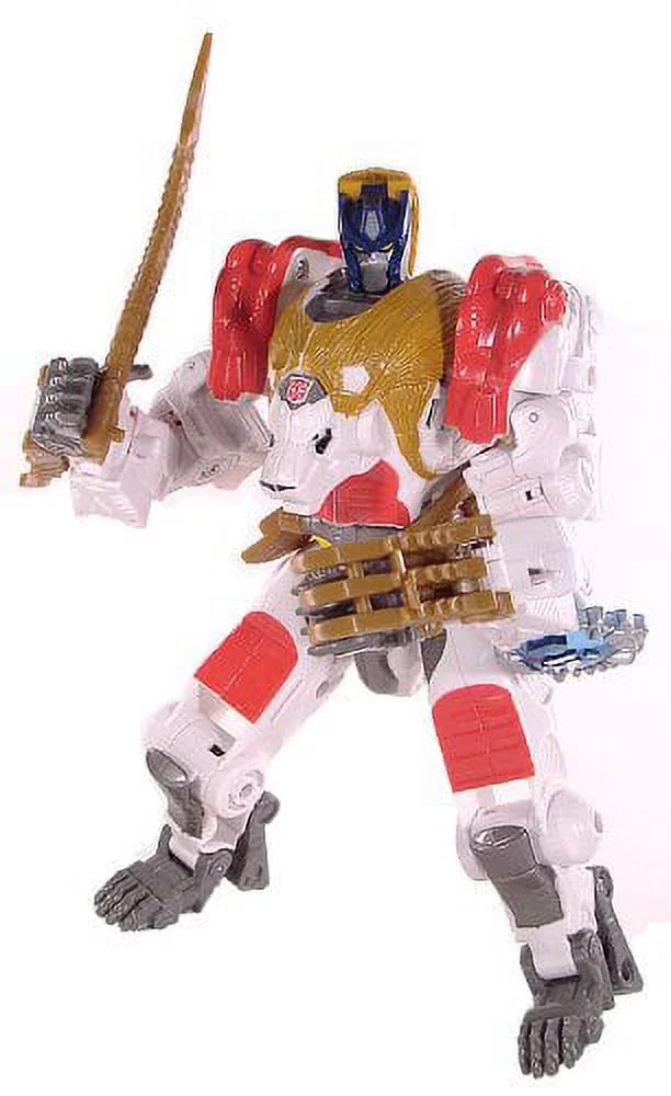 transformers 25th anniversary universe exclusive voyager class 8 inch tall robot action figure - white maximal leo prime with snap out claws, jungle whip and key (beast mode : lion)