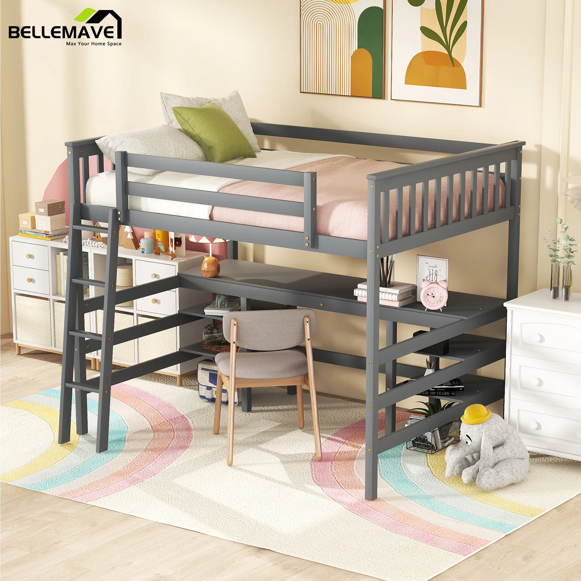 Bellemave Wood Full Size Loft Bed with Desk and Storage Shelves Underneath, High Loft Bed Frame with Ladder for Adults, Teens, Kids (Gray)