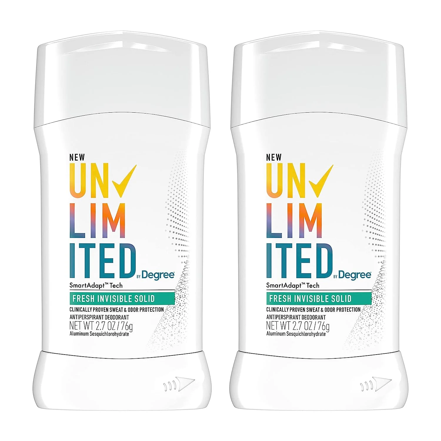 Degree Unlimited Antiperspirant Deodorant Stick Fresh 2 Count Long-Lasting Sweat & Odor Protection with Antiperspirant Technology SmartAdapt Tech 2.7 oz Fresh Invisible Solid 2.70 Ounce (Pack of 2)