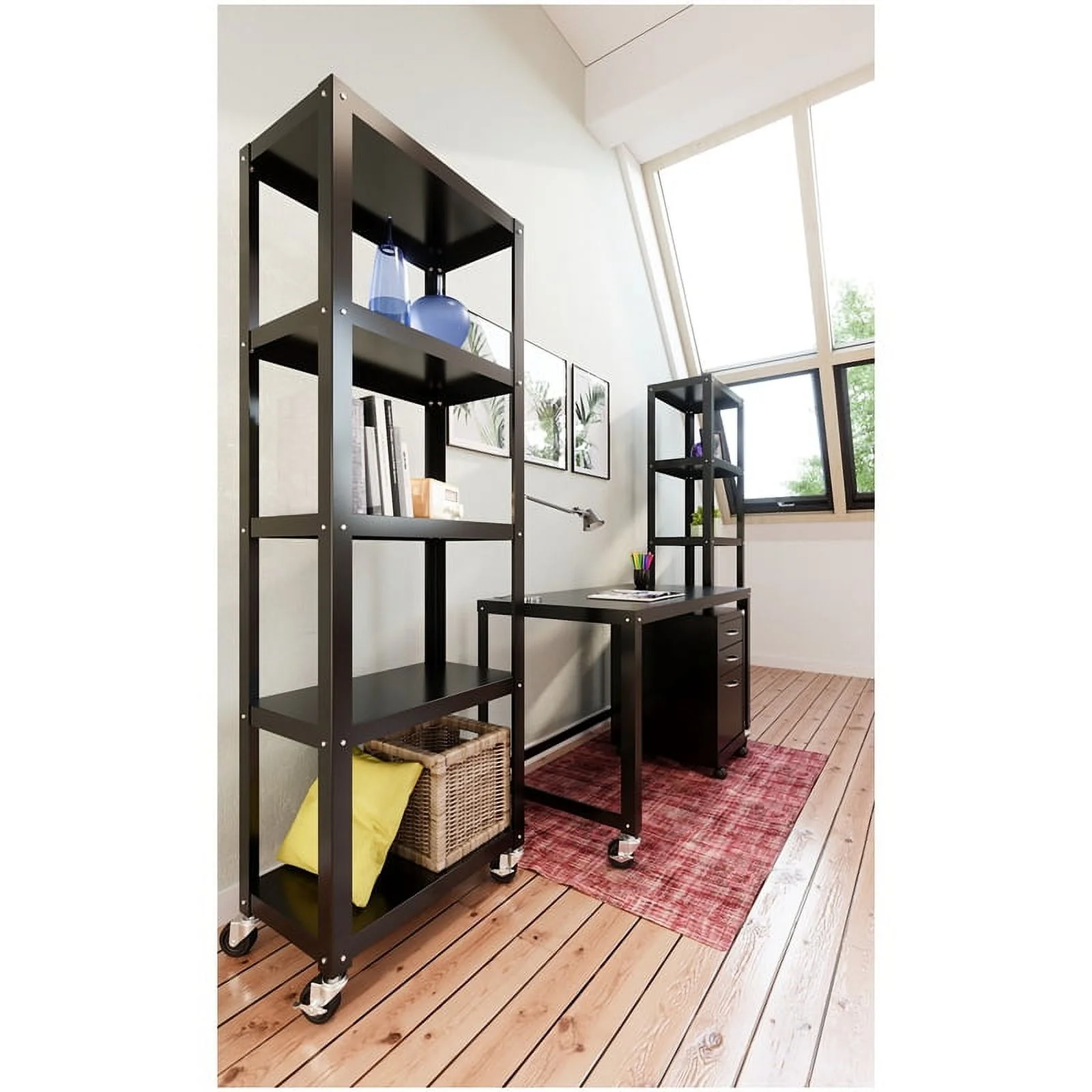 Pemberly Row 5-Shelf Steel Metal High Mobile Bookcase in Black