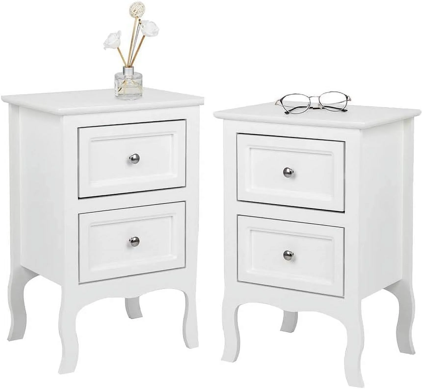 White Nightstand Set of 2, Nightstands with 2 Drawers, Bed Side Table/Night Stand, Small Nightstand for Bedroom, Small Spaces, College Dorm, Kids’ Room, Living Room, Wood, 16W x 12D x 24H
