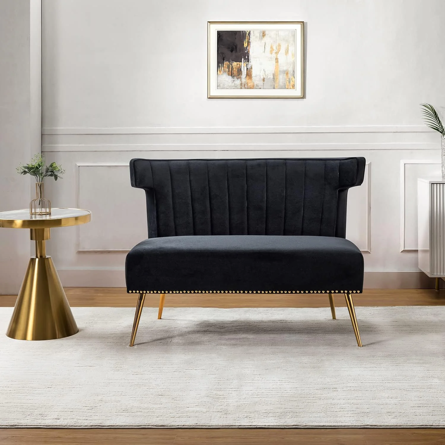 Velvet Upholstered Loveseat Sofa Armless, Modern Loveseat Couch With Golden Metal Legs, Living Room Tufted Velvet 2 Seater Sofa Chairs For Apartment Small Spaces（Black）