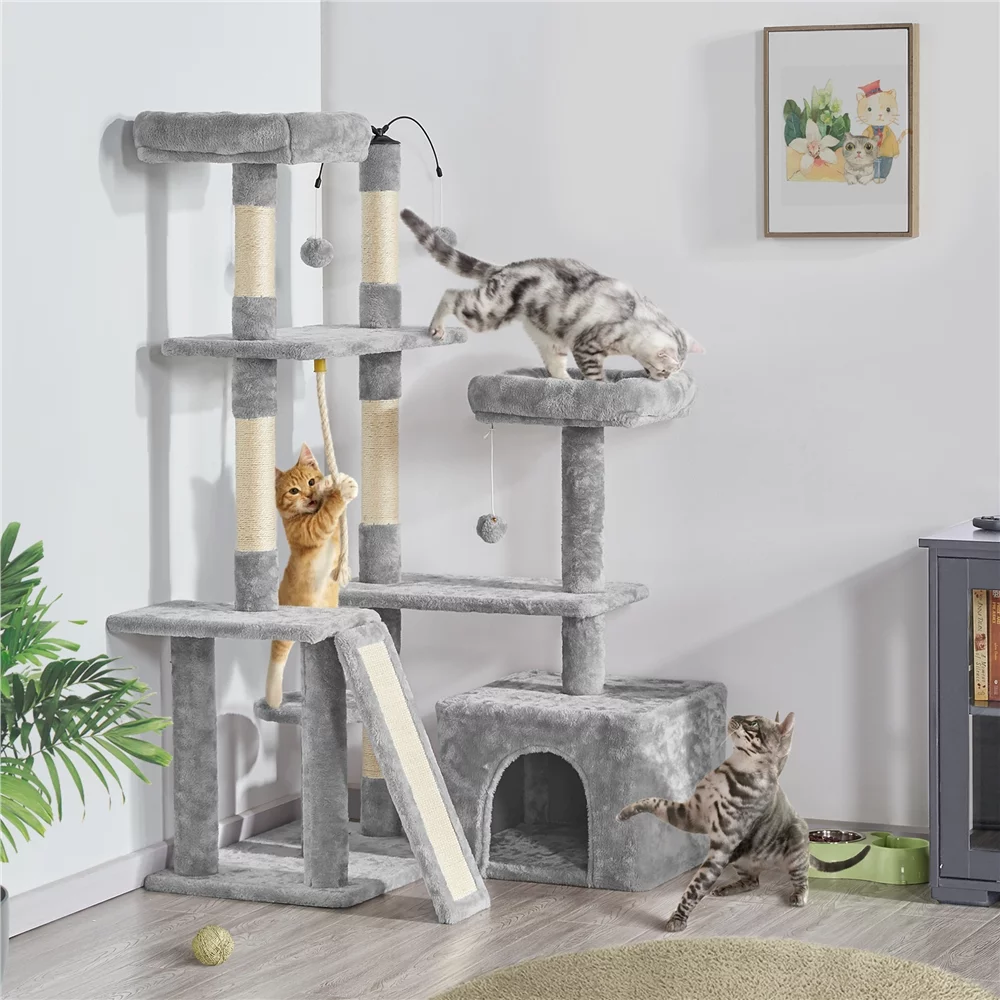 Easyfashion Multilevel Plush Cat Tree with Dangling Balls for Cats and Kittens, Light Gray