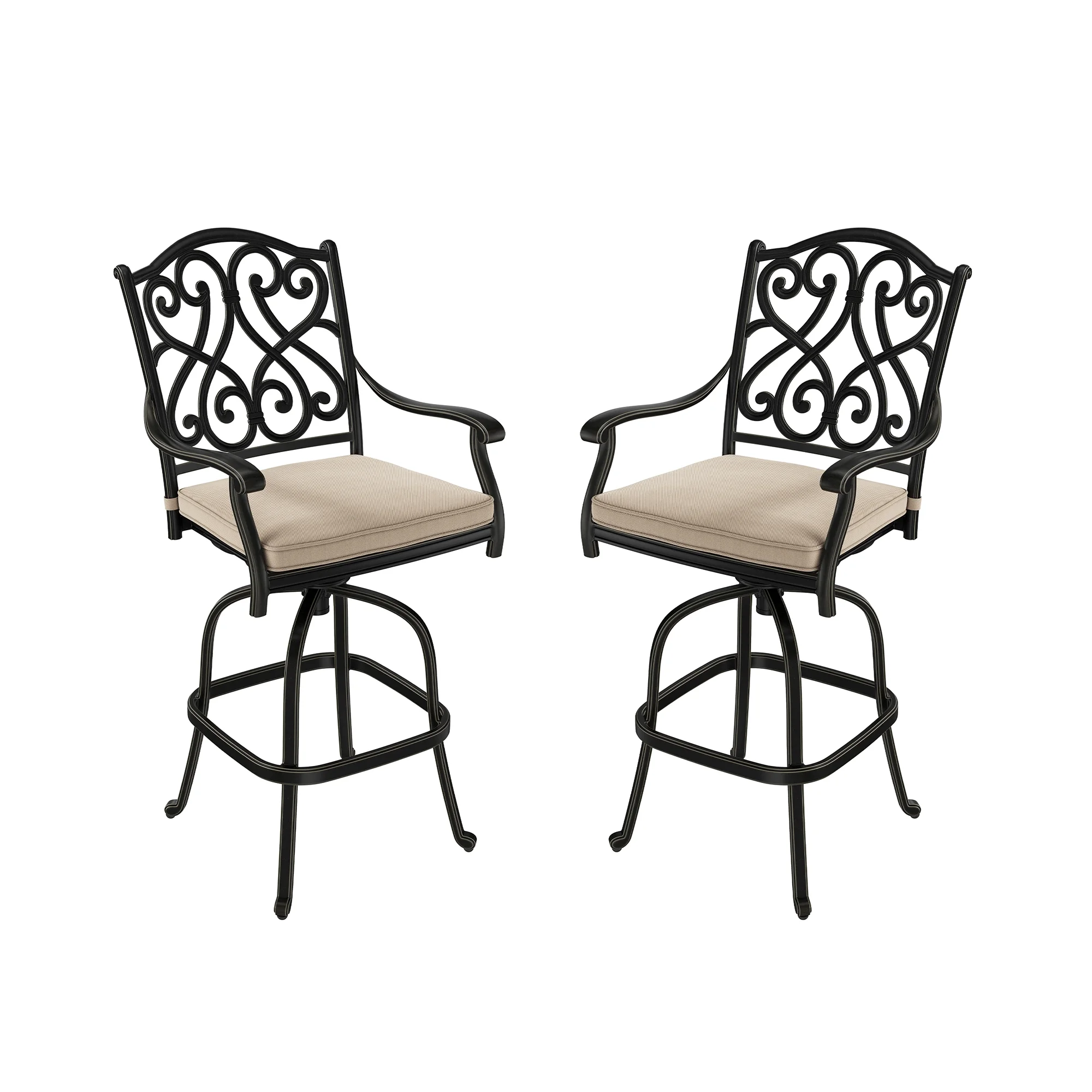 Mondawe Cast Aluminum Outdoor Stool 360° Swivel Chair Dining Armchair Set of 2, Ergonomic Patio Seat with Beige Olefin Cushion