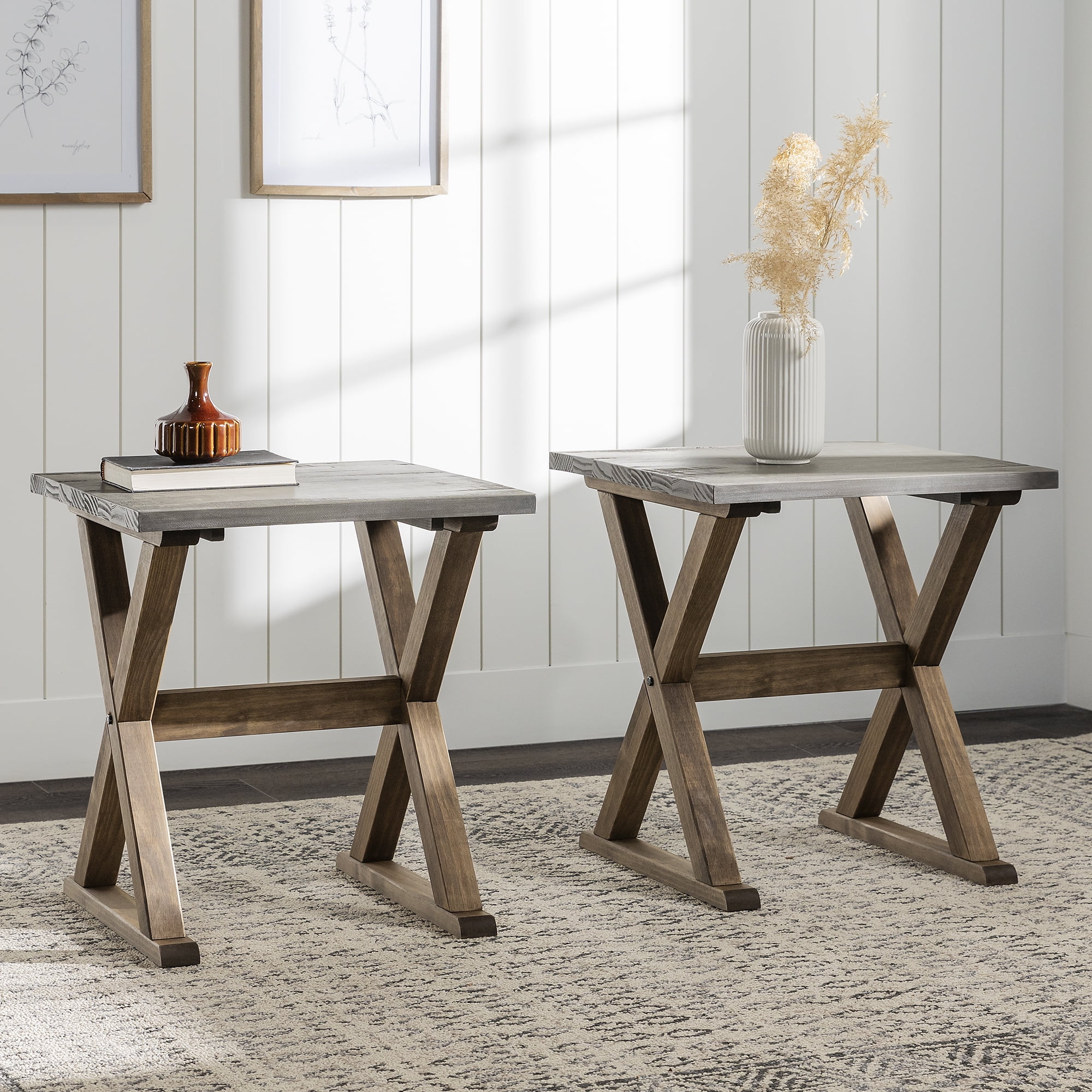 Walker Edison Rustic Farmhouse Distressed Wood Side Table, Set of 2, Grey/Brown