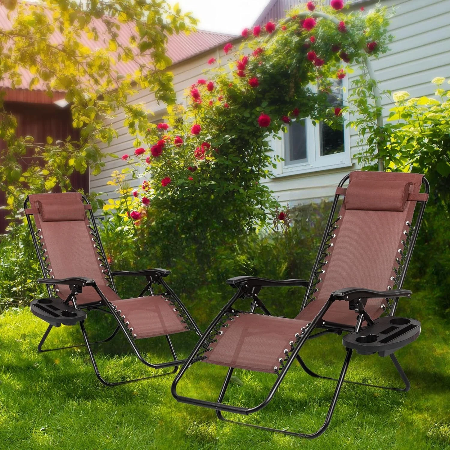 Set of 2 Relaxing Recliners Patio Chairs Adjustable Steel Mesh Zero Gravity Lounge Chair Beach Chairs with Pillow and Cup Holder Khaki (Brown)