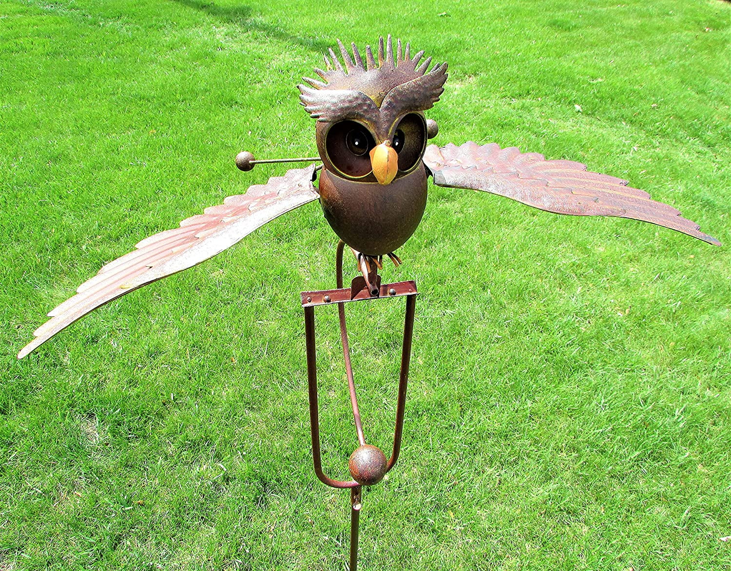 Kinetic Metal Brown Owl Yard Stake Rocking Wind Spinner Whirly-Gig Garden Art