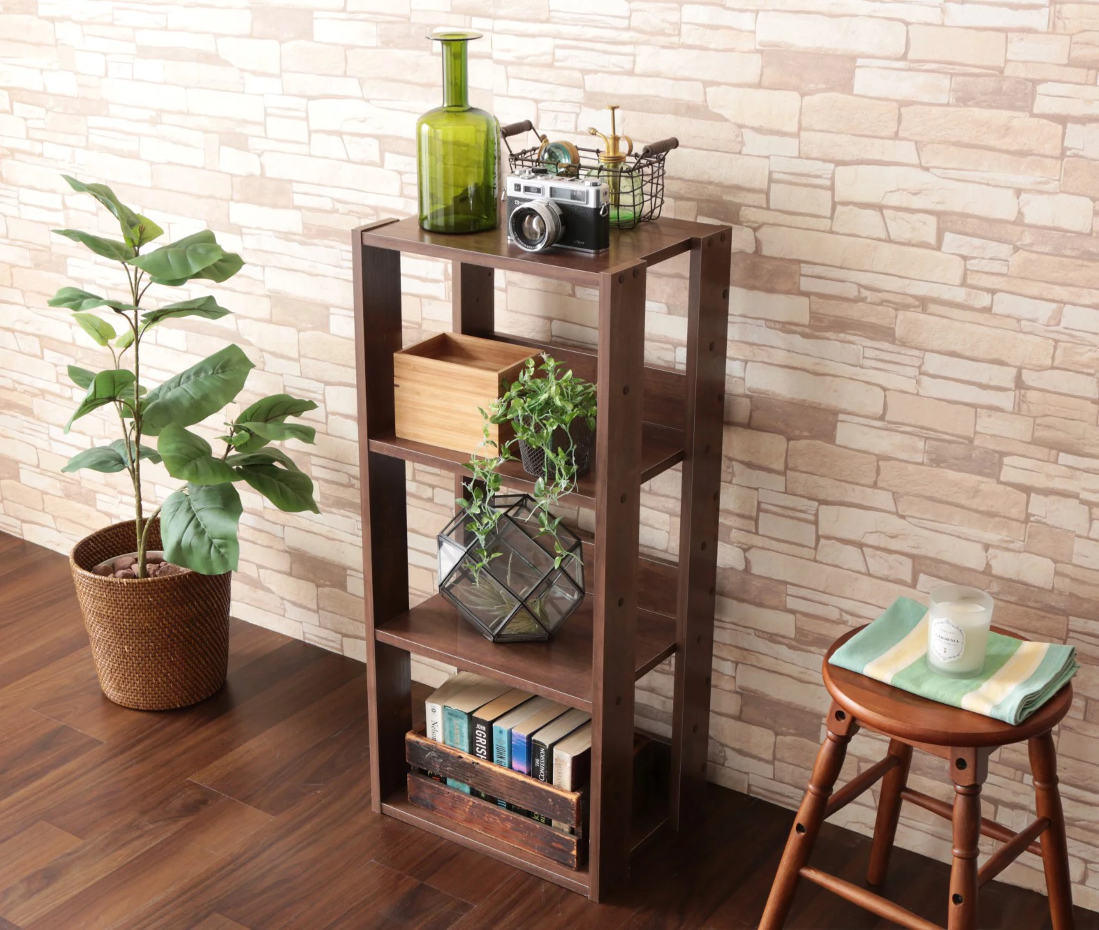 IRIS USA 3 Tier Height Adjustable Wooden Bookshelf, Simple Narrow Bookcase, Natural Shelving, Dark Oak