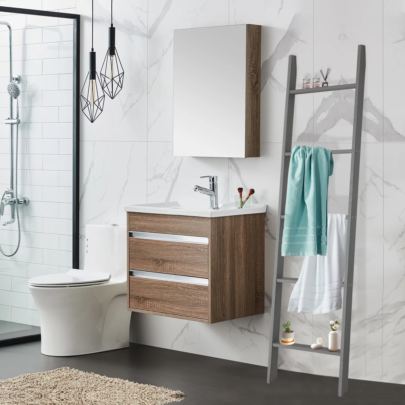 Fionafurn 5-Tier Modern Ladder Shelf,Wooden Flower Book Display Shelf，Leaning Wall Shelf，Gray