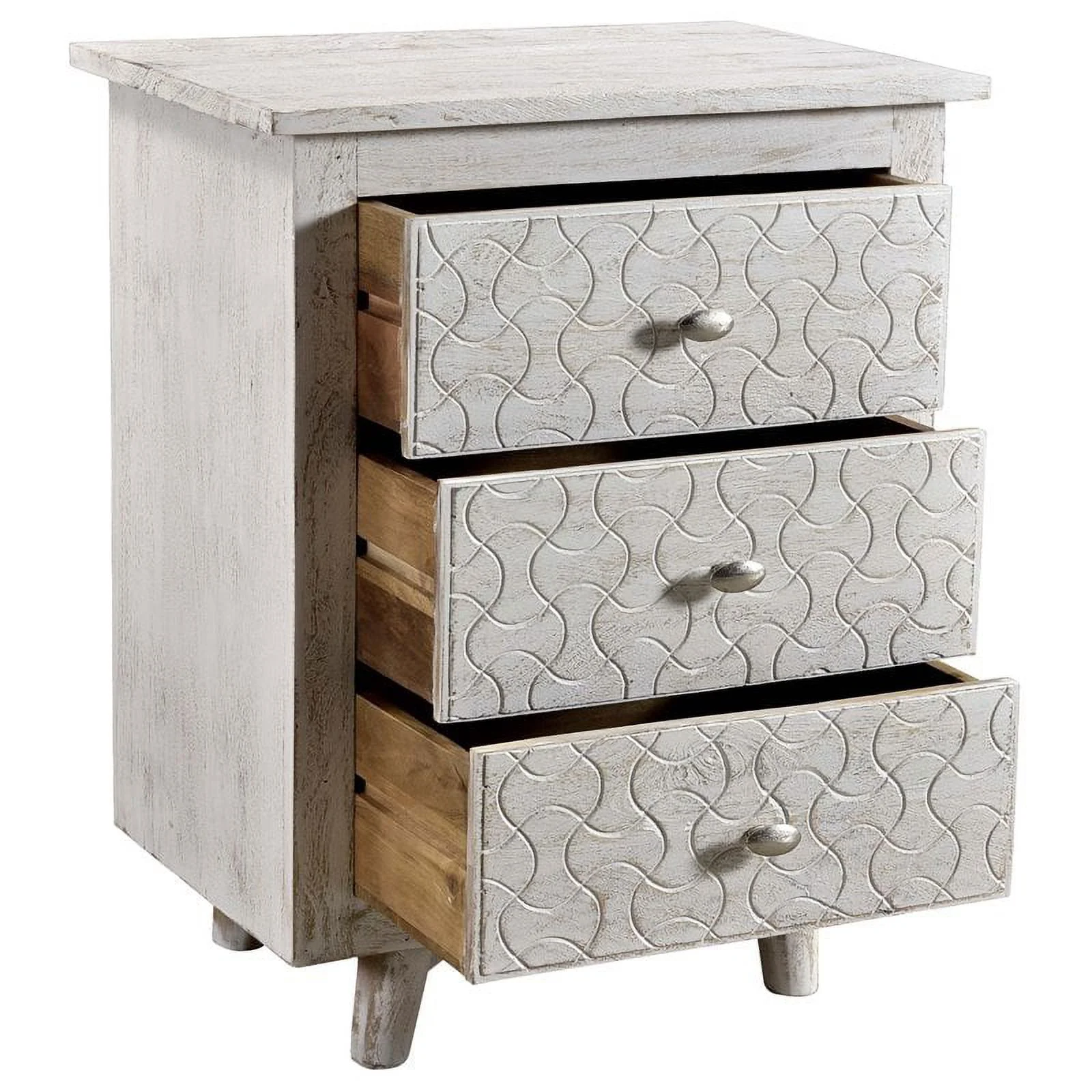 Gridley Hand-Carved 3-Drawer Nightstand on Mango Solid Wood in White Wash