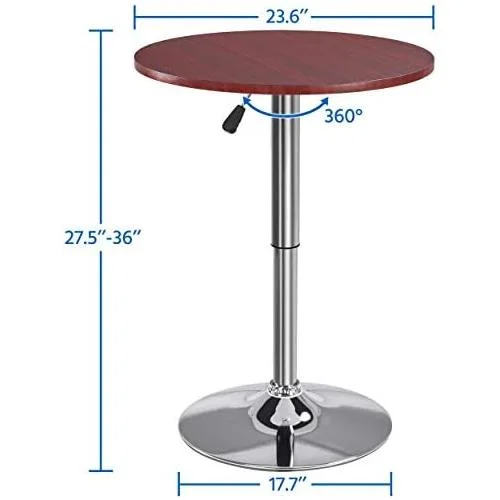 Height Adjustable Round Pub Table Counter Bar MDF Top Table 360 Degree Swivel Bar Tables Tall Cocktail Tables Bistro Table, Mahogany