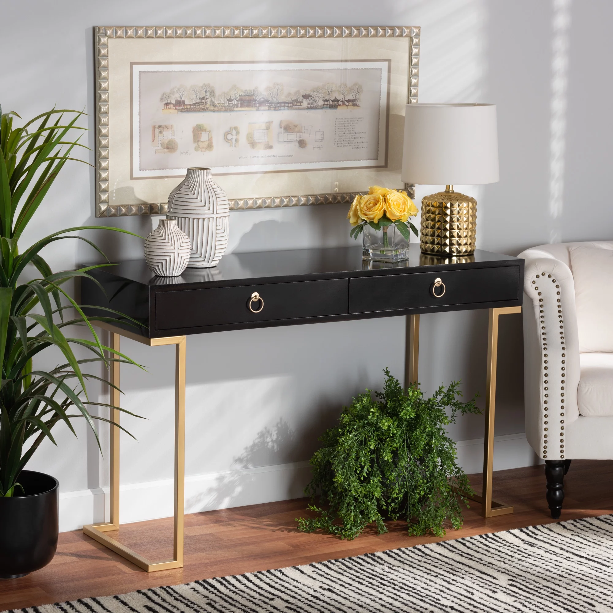 Baxton Studio Beagan Modern Wood and Metal 2 Drawer Console Table, Black/Gold