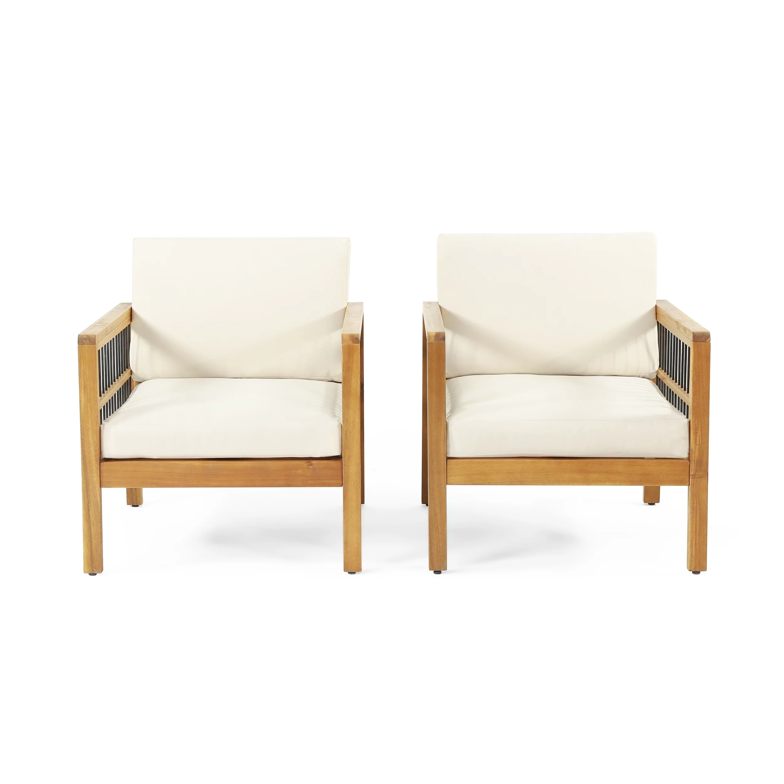 Noble House Bennion with Cushion Acacia Wood Outdoor Lounge Chair - Set of 2, Beige and Teak