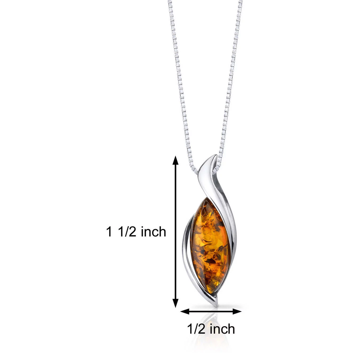 Orange Amber Bezel Set Pendant Necklace in Sterling Silver, 18