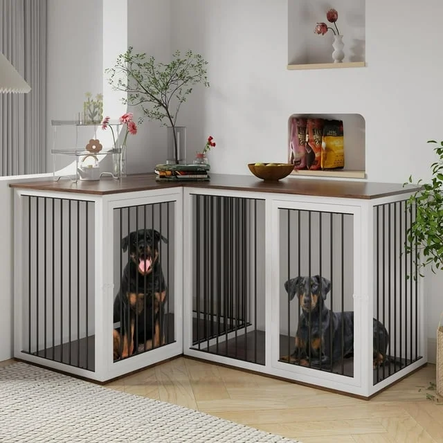 Large Dog Crate Furniture for 2 Dogs, Linor Large Dog Kennel Furniture with Divider, Double Doors, Wooden Double Dog Crate, 80.7 x 23.6 x 31.4 inches (White)