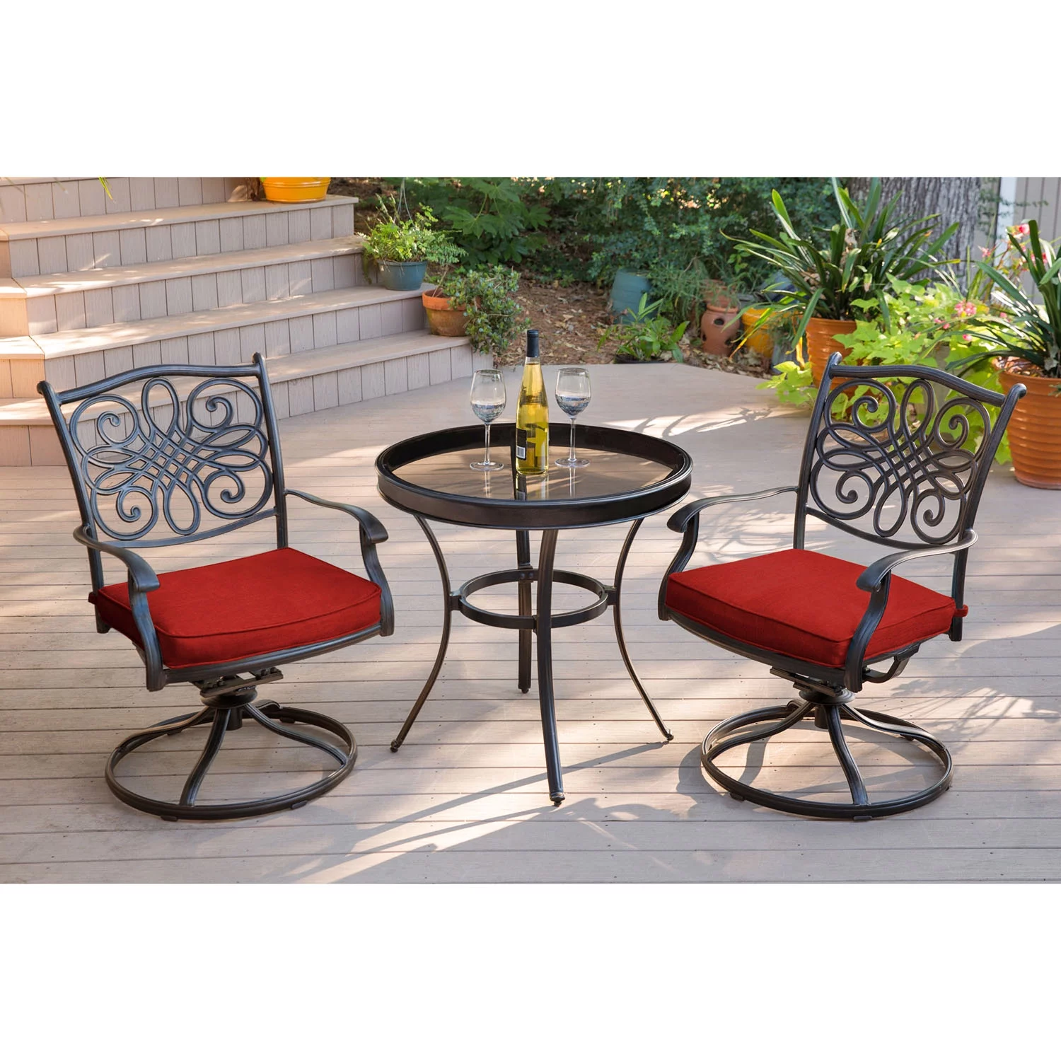 Hanover Traditions 3-Piece Swivel Bistro Set in Red with a 30 in. Glass-top Table